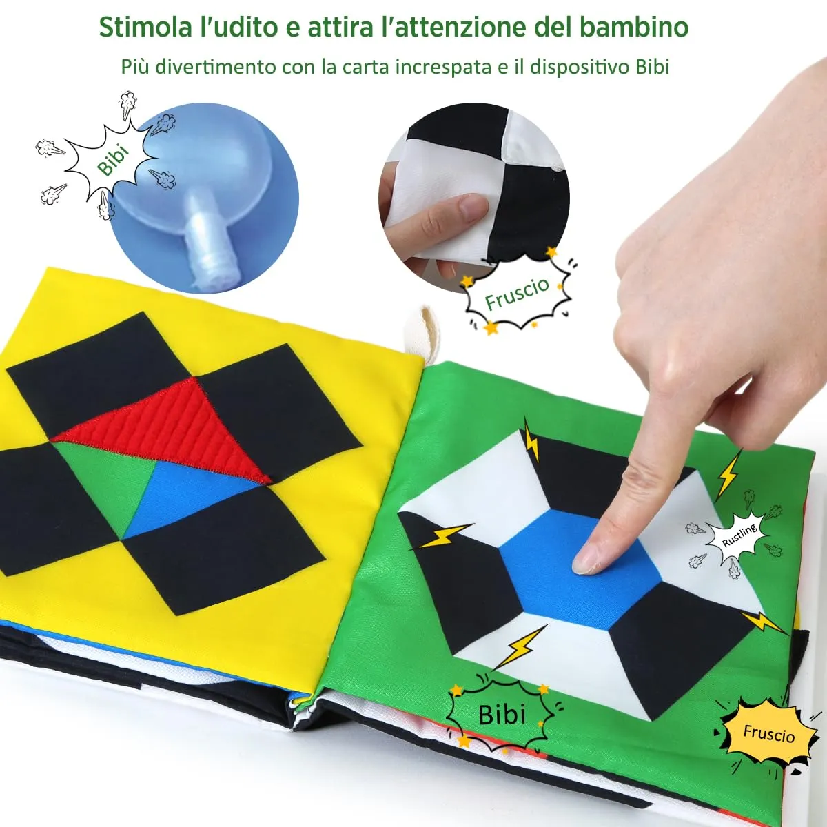 URMYWO Libro di Stoffa per Neonato, Libro di Attività Sensoriale in Bianco e Nero per Bambini 0-12 Mesi, Giocattolo Educativo Interattivo per Passeggino e Tummy Time - immagine 2
