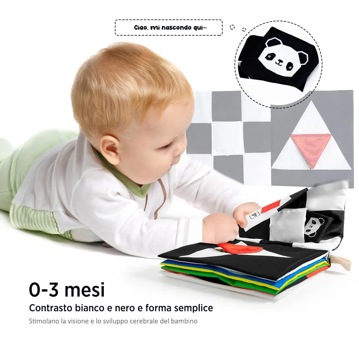 URMYWO Libro di Stoffa per Neonato, Libro di Attività Sensoriale in Bianco e Nero per Bambini 0-12 Mesi, Giocattolo Educativo Interattivo per Passeggino e Tummy Time - immagine 3
