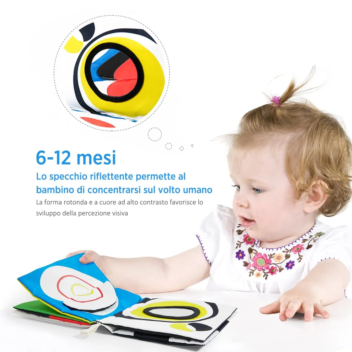 URMYWO Libro di Stoffa per Neonato, Libro di Attività Sensoriale in Bianco e Nero per Bambini 0-12 Mesi, Giocattolo Educativo Interattivo per Passeggino e Tummy Time - immagine 4