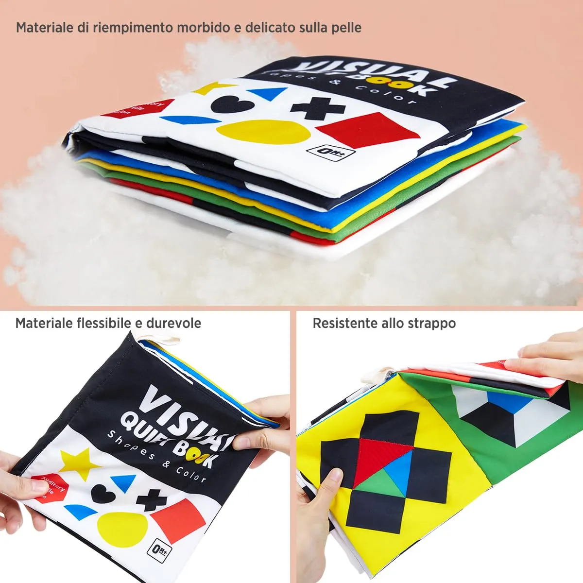 URMYWO Libro di Stoffa per Neonato, Libro di Attività Sensoriale in Bianco e Nero per Bambini 0-12 Mesi, Giocattolo Educativo Interattivo per Passeggino e Tummy Time - immagine 5