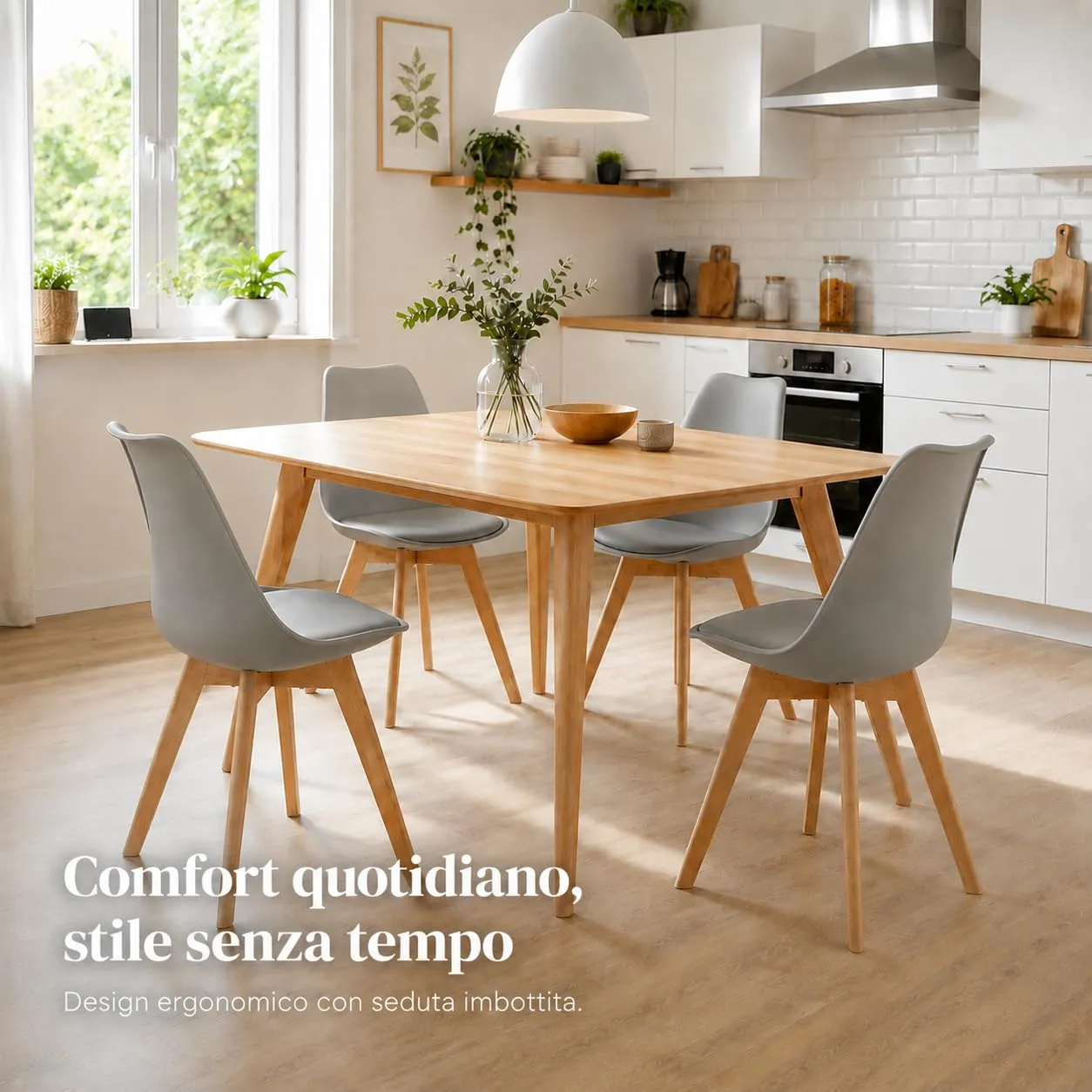 EGGREE Set di 4 sedie da pranzo stile rétro in legno di faggio e similpelle, grigio - immagine 4