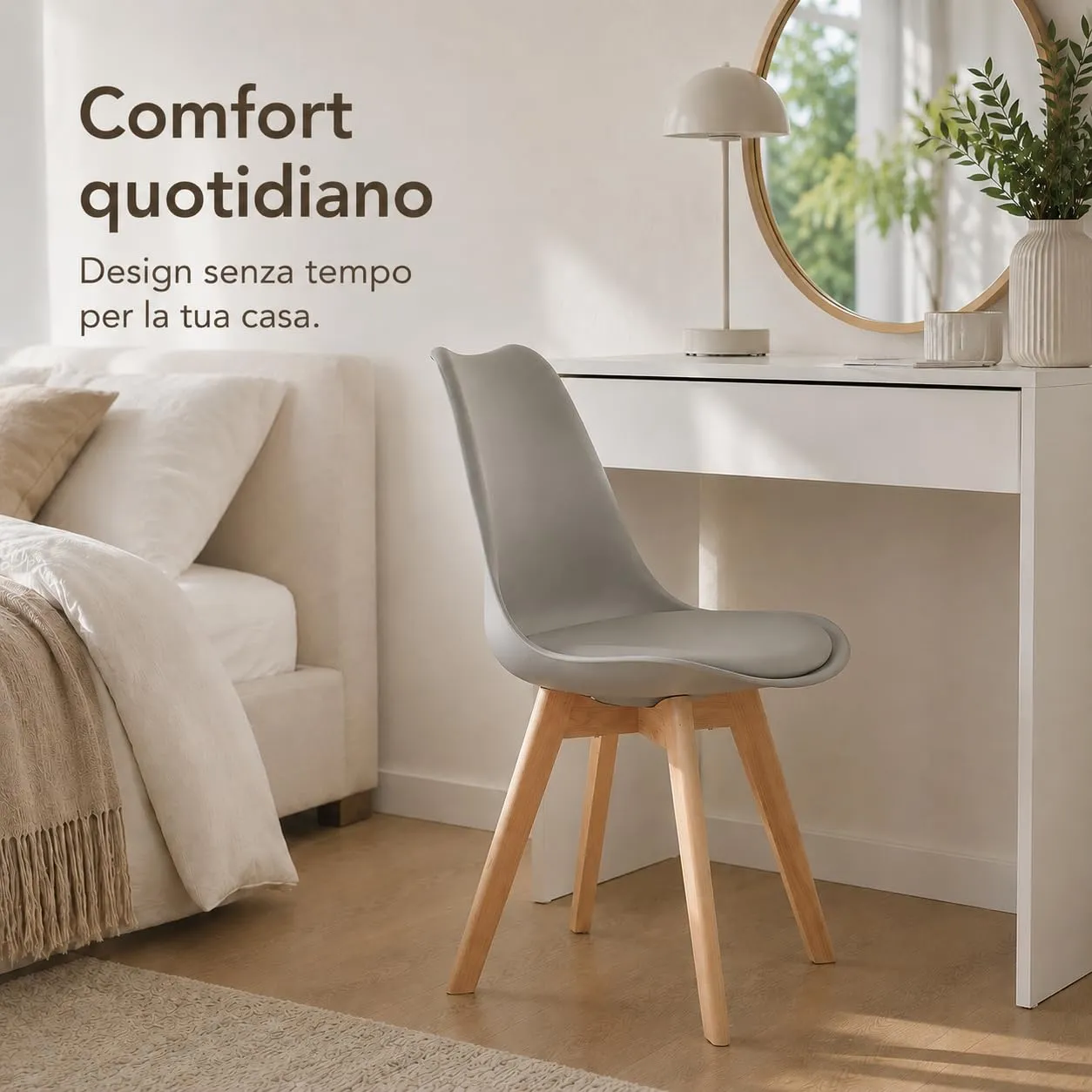 EGGREE Set di 4 sedie da pranzo stile rétro in legno di faggio e similpelle, grigio - immagine 6