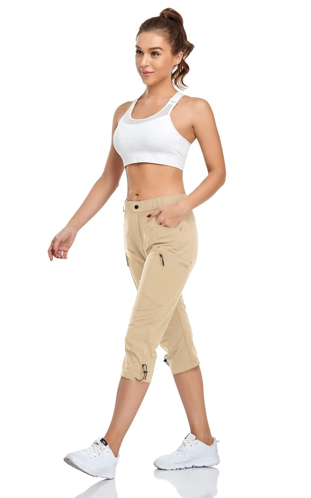 GymBrave Pantaloni Trekking Donna Cargo Capri 3/4 Estivi Kaki Chiaro S - immagine 3