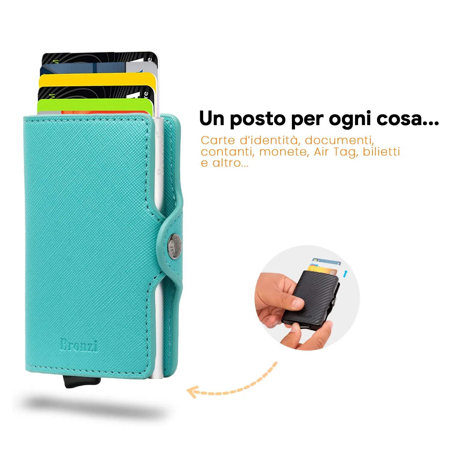 Bronzi Portafoglio Slim Portacarte Uomo Protezione RFID Saffiano Verde Acqua - immagine 2