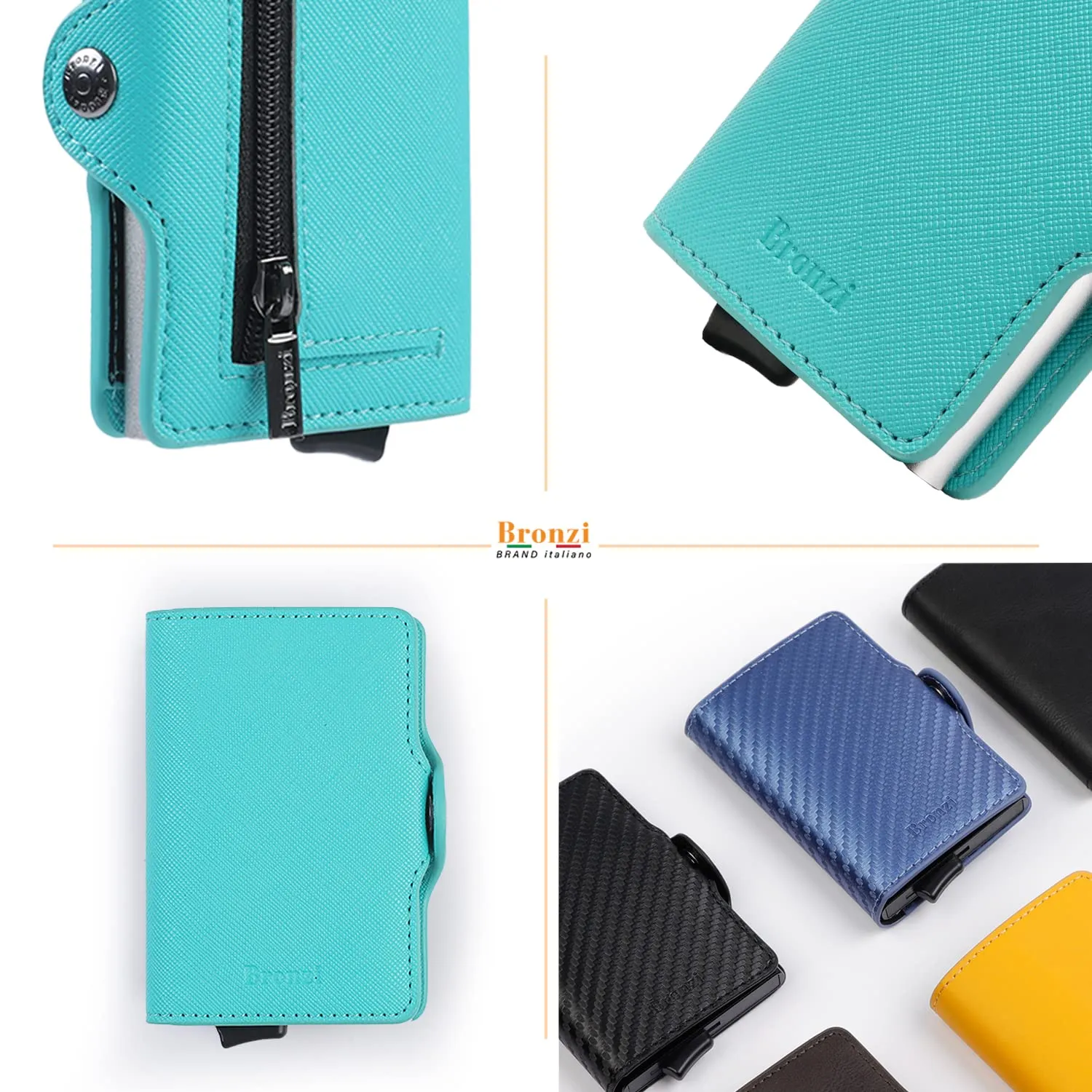 Bronzi Portafoglio Slim Portacarte Uomo Protezione RFID Saffiano Verde Acqua - immagine 4