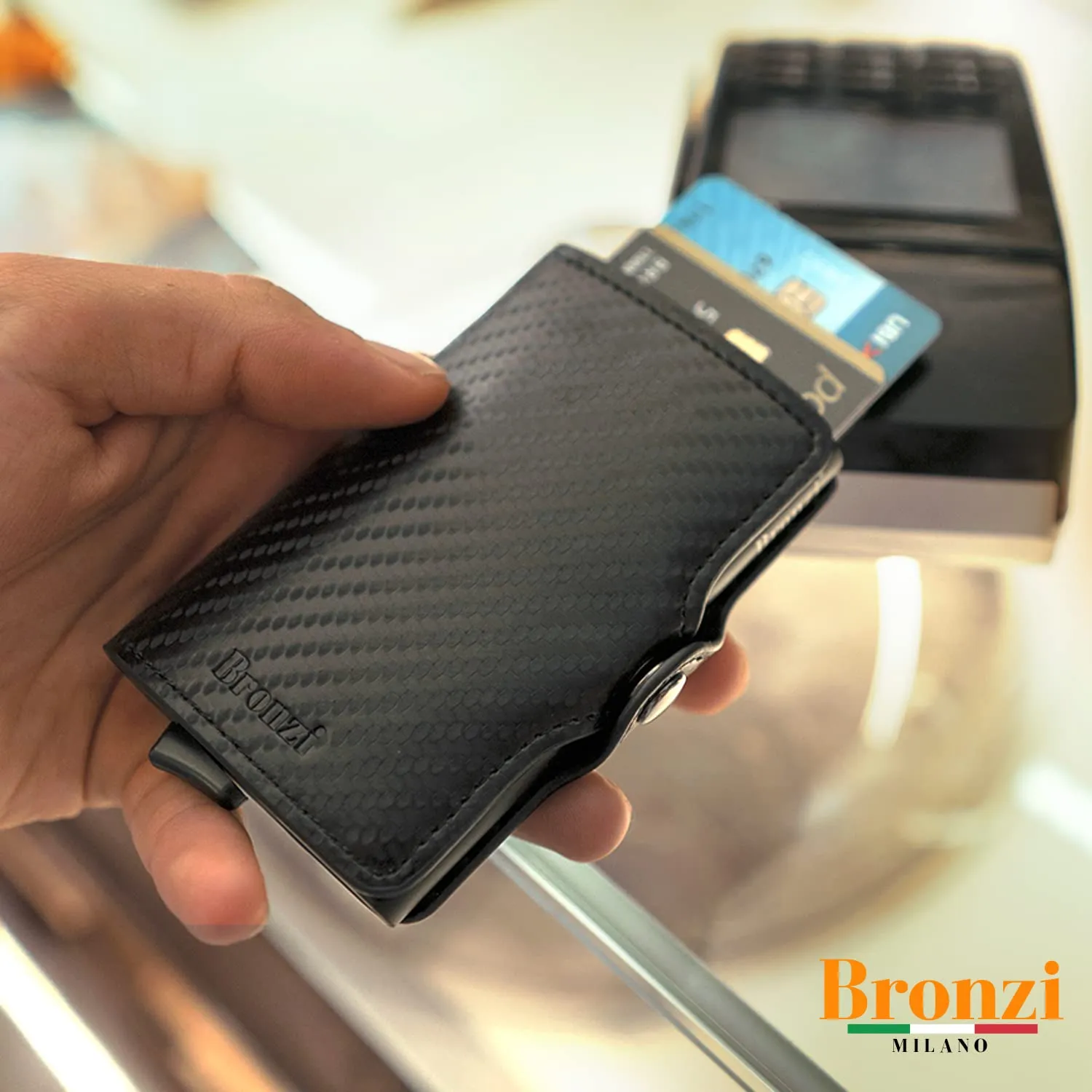 Bronzi Portafoglio Slim Portacarte Uomo Protezione RFID Saffiano Verde Acqua - immagine 5
