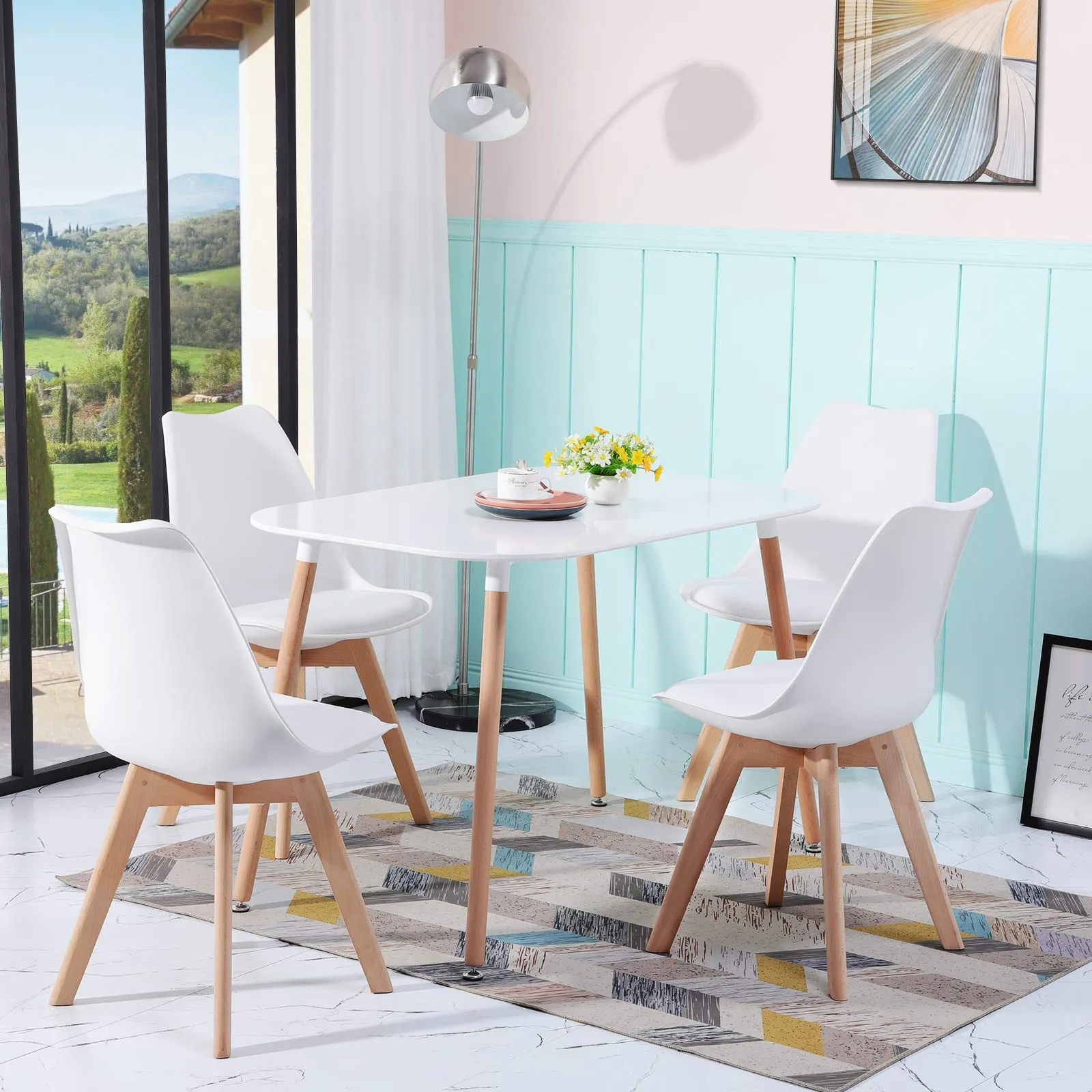 EGGREE Set di 4 Sedie Imbottite con Gambe in Faggio Massiccio, Bianco - immagine 2