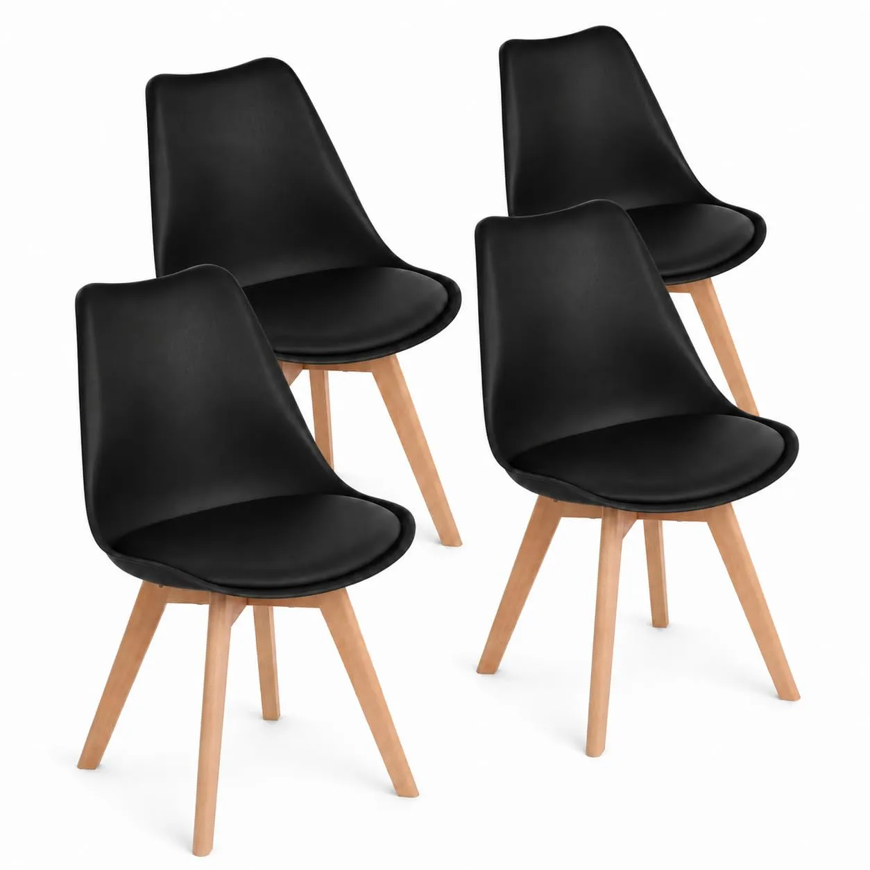 EGGREE Set di 4 Sedie da Pranzo Stile Rétro, Gambe in Legno Massello di Faggio, Imbottitura Nero - immagine 1