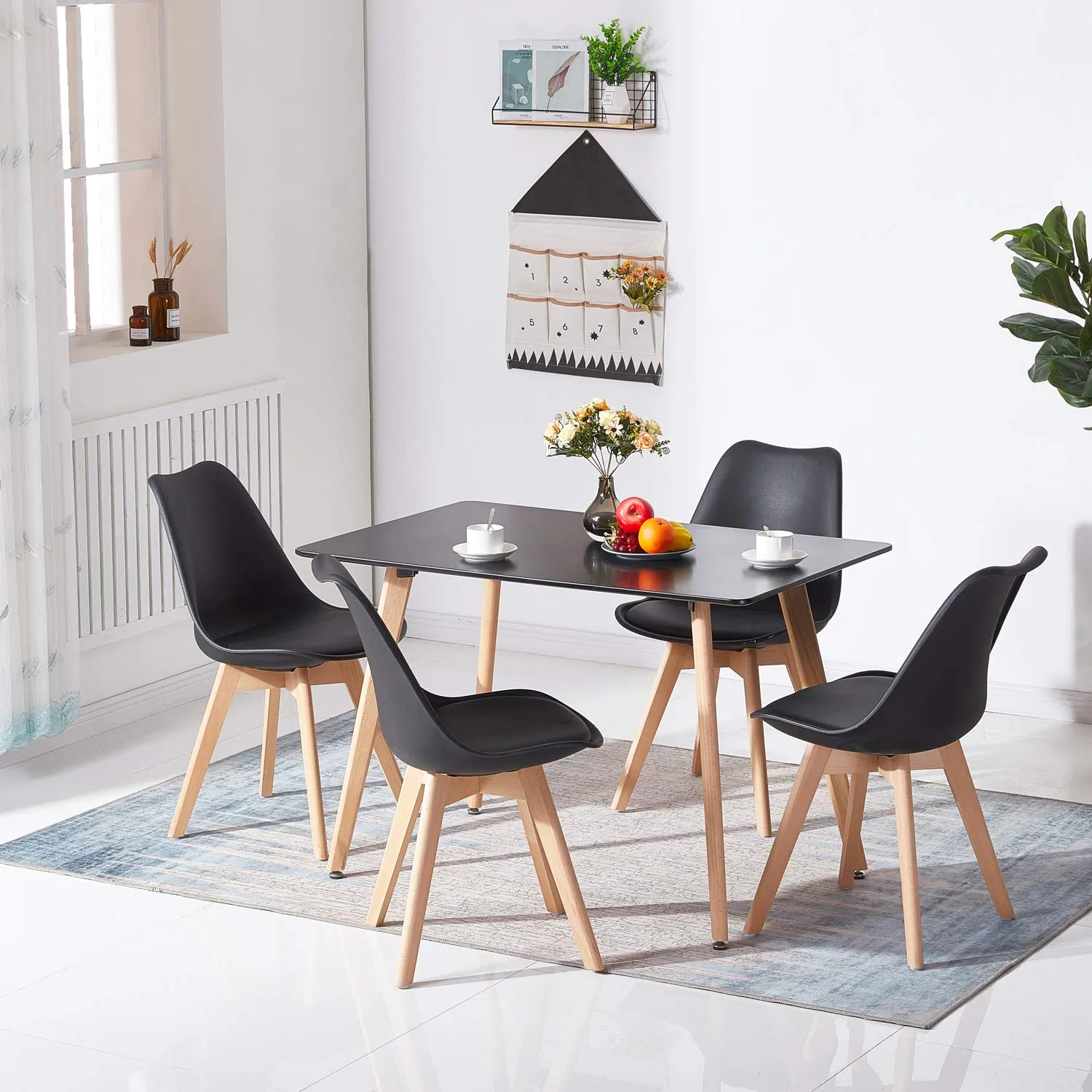 EGGREE Set di 4 Sedie da Pranzo Stile Rétro, Gambe in Legno Massello di Faggio, Imbottitura Nero - immagine 2