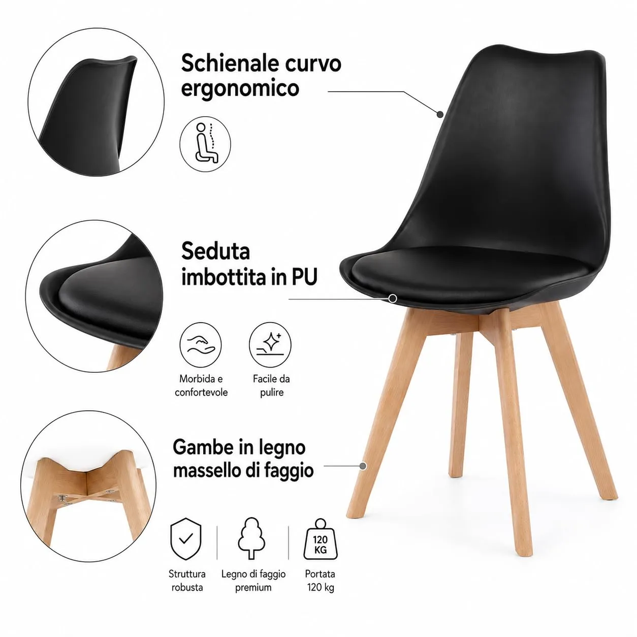 EGGREE Set di 2 Sedie da Pranzo Stile Rétro in Legno di Faggio e Imbottitura, Nero - immagine 6