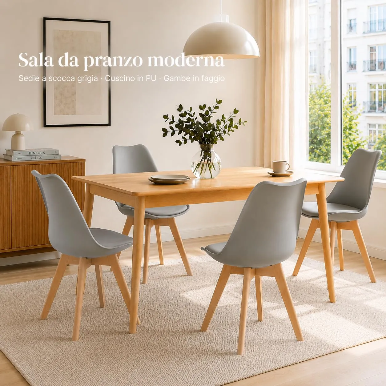 EGGREE Set di 2 Sedie da Pranzo Stile Rétro in Legno di Faggio e Imbottitura Grigio - immagine 5