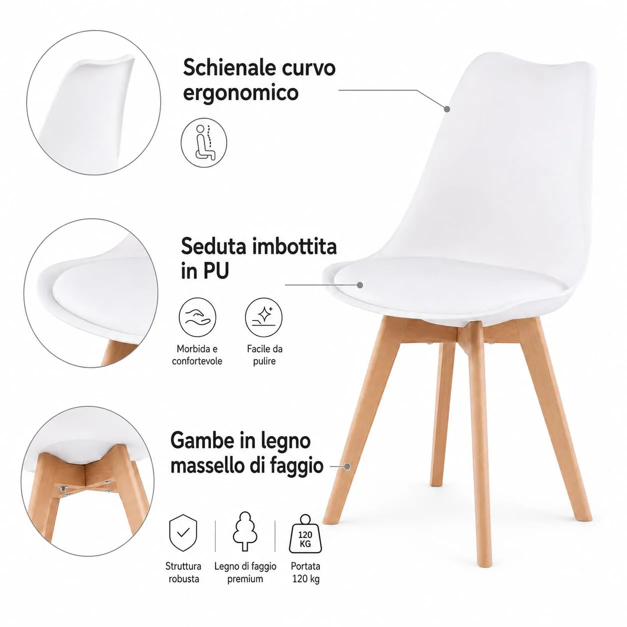 EGGREE Set di 2 Sedie da Pranzo e Ufficio in Legno di Faggio Bianco - immagine 6