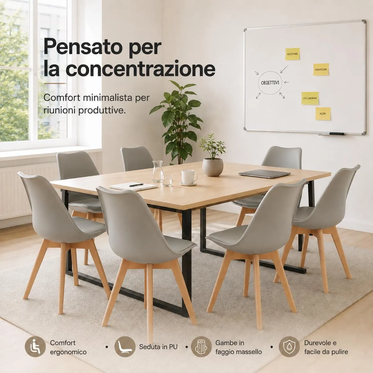 EGGREE Set di 6 sedie da pranzo stile rétro in legno di faggio e imbottitura, grigio - immagine 4