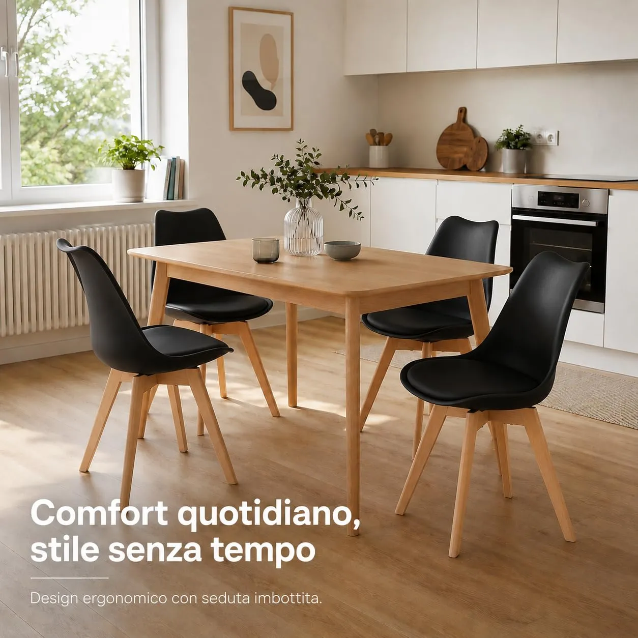 EGGREE Set di 6 sedie da pranzo stile rétro in legno massello di faggio, nero - immagine 3