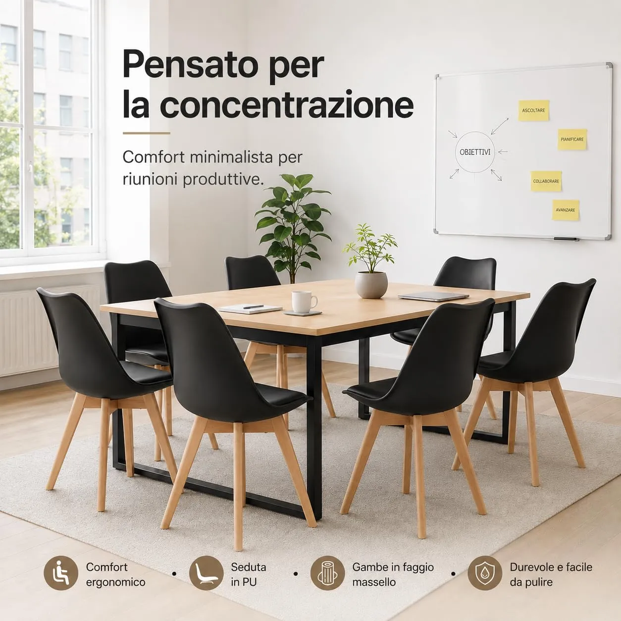 EGGREE Set di 6 sedie da pranzo stile rétro in legno massello di faggio, nero - immagine 4