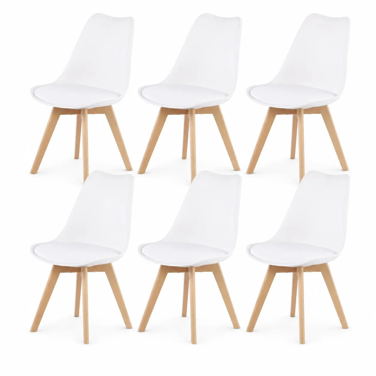 EGGREE Set di 6 sedie da pranzo stile rétro in legno di faggio e imbottitura, bianco - immagine 1