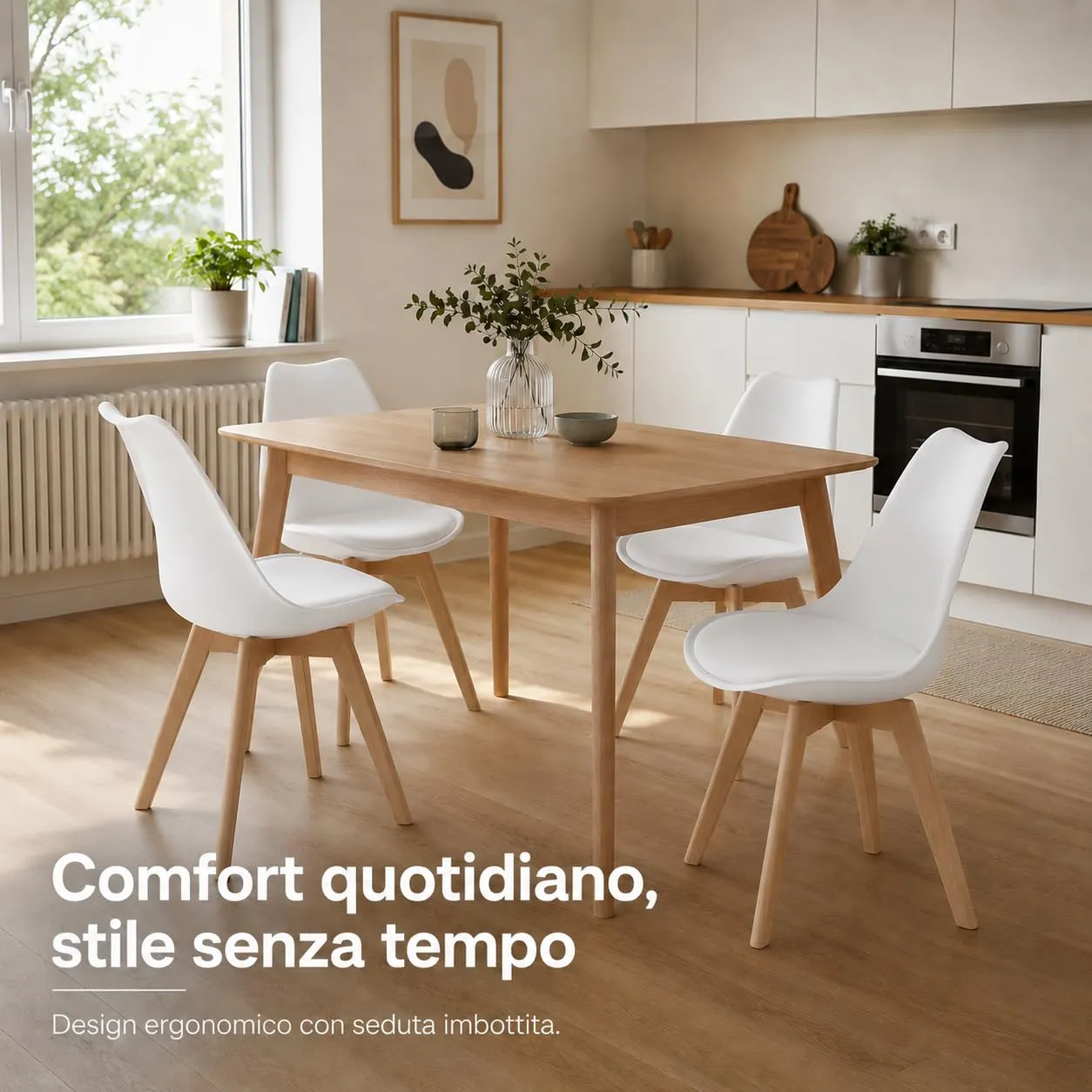 EGGREE Set di 6 sedie da pranzo stile rétro in legno di faggio e imbottitura, bianco - immagine 3