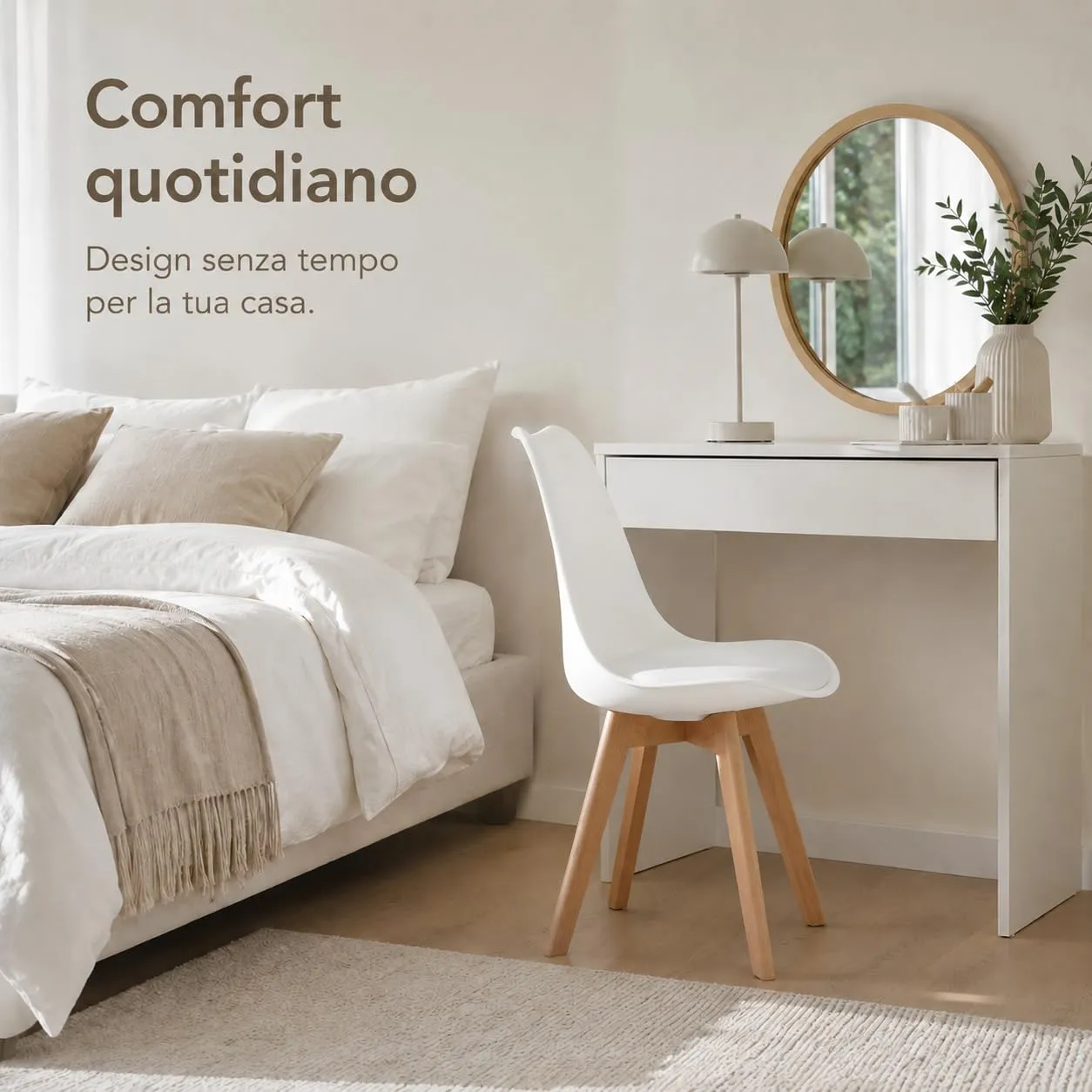 EGGREE Set di 6 sedie da pranzo stile rétro in legno di faggio e imbottitura, bianco - immagine 5