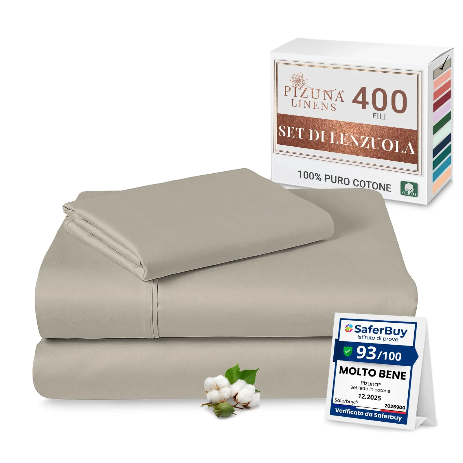 Pizuna Linens Set Lenzuola Letto Singolo in Cotone 400 Fili, 90x200 cm, Grigio Pardo - immagine 1