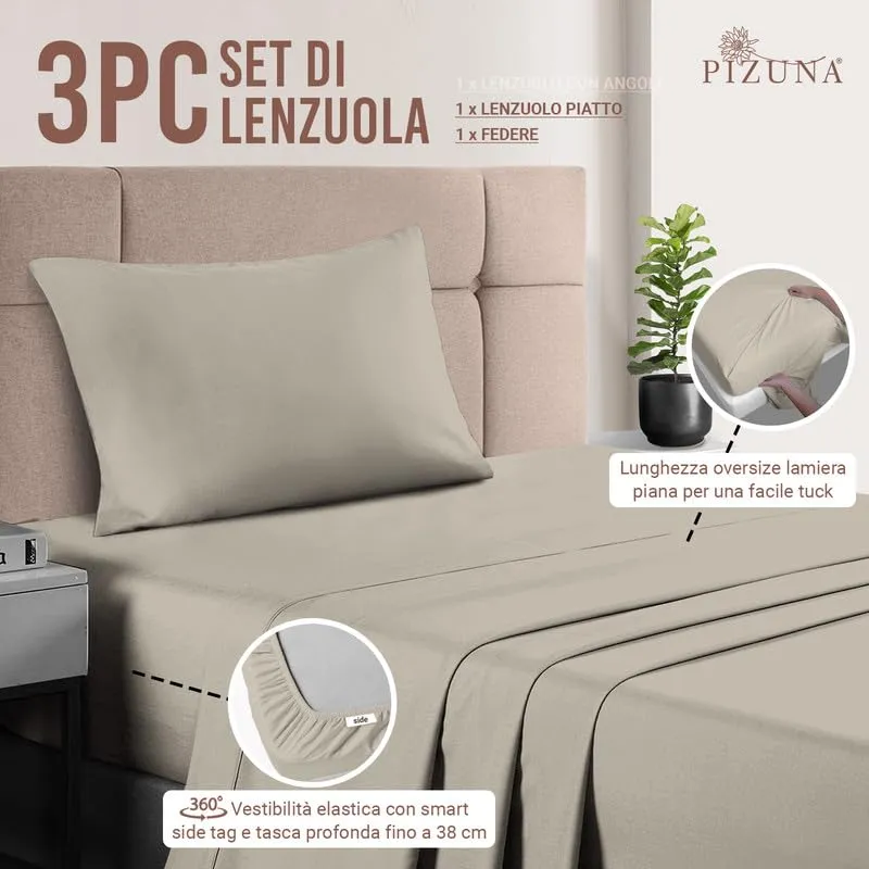 Pizuna Linens Set Lenzuola Letto Singolo in Cotone 400 Fili, 90x200 cm, Grigio Pardo - immagine 3