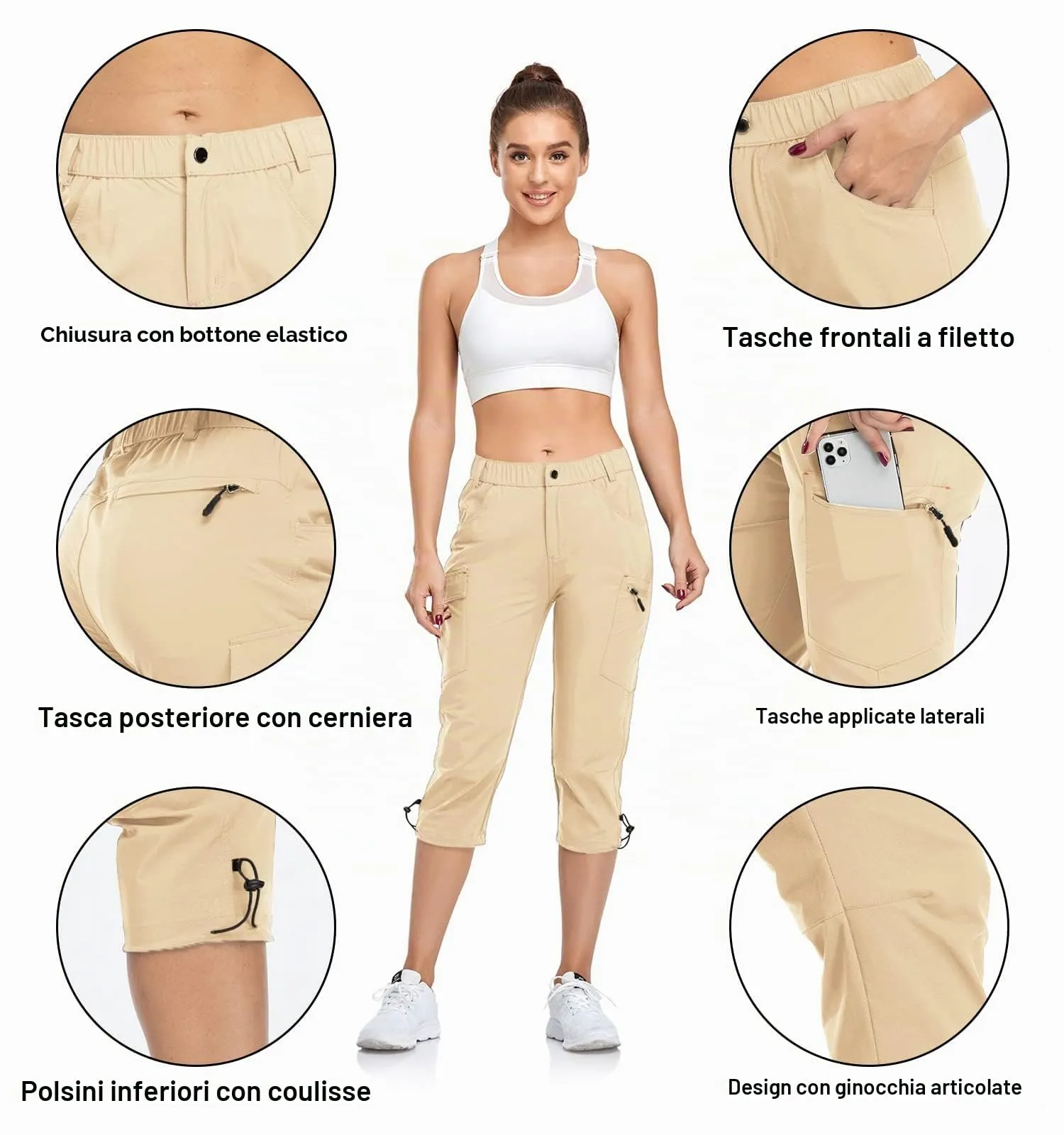 GymBrave Pantaloni Trekking Donna Cargo Capri 3/4 Estivi Leggeri Kaki Chiaro M - immagine 4