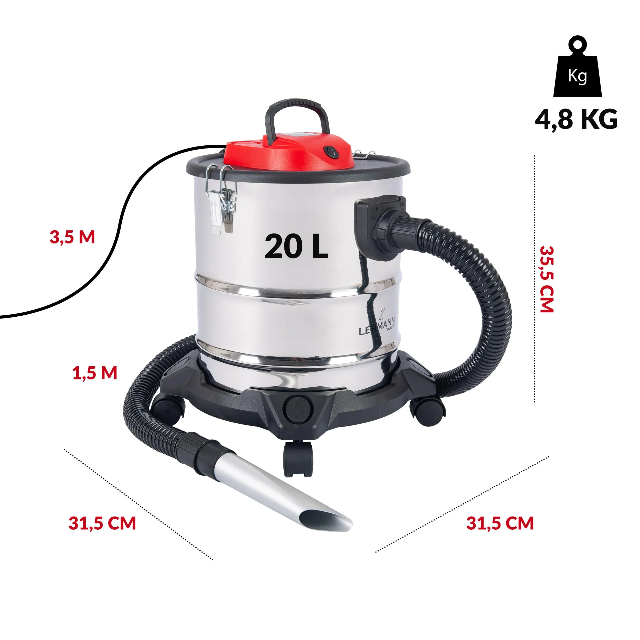 LEHMANN Haddo Aspirapolvere Industriale 2000W Aspiracenere Secco Umido 20 L con Funzione Soffiante, Argento - immagine 5
