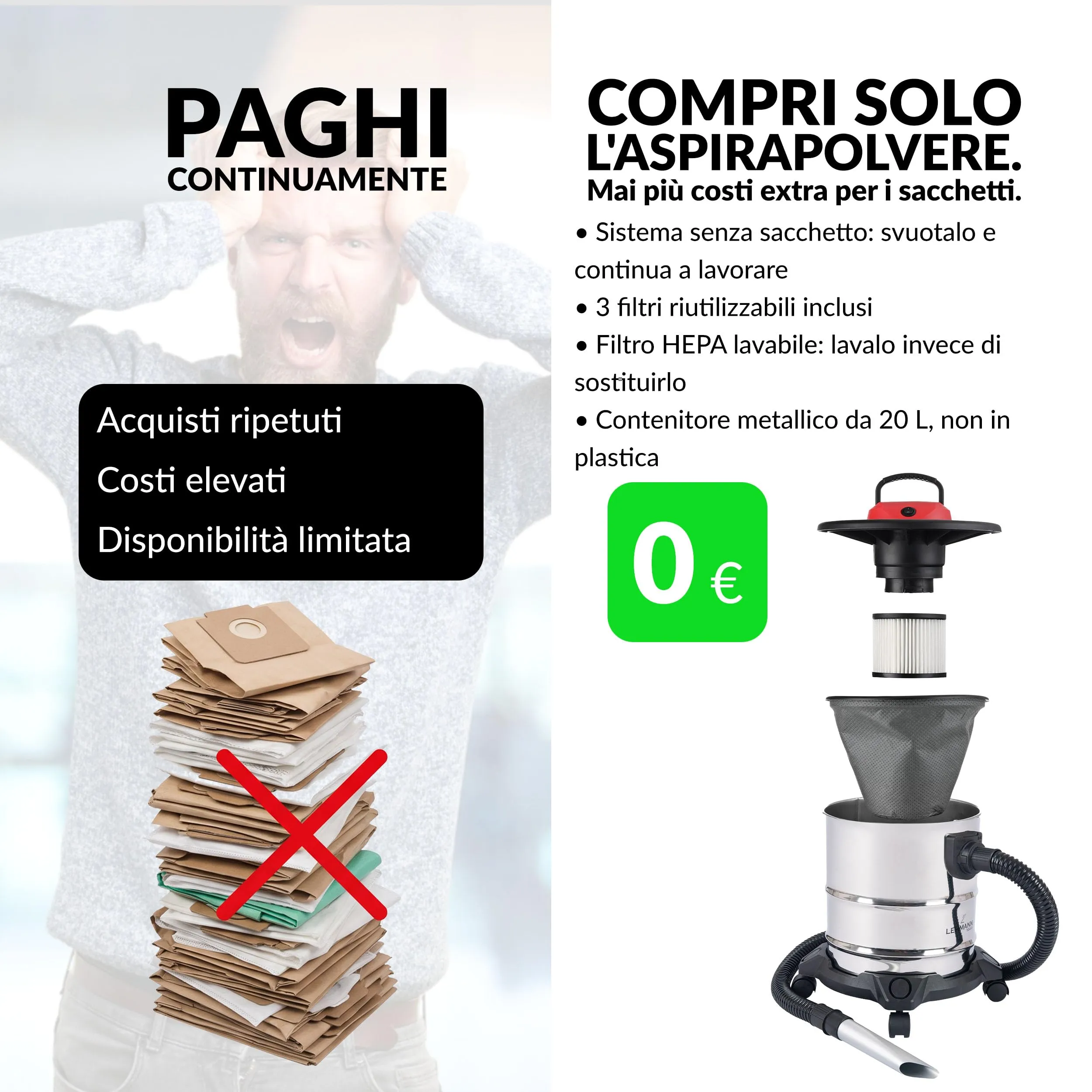 LEHMANN Haddo Aspirapolvere Industriale 2000W Aspiracenere Secco Umido 20 L con Funzione Soffiante, Argento - immagine 8