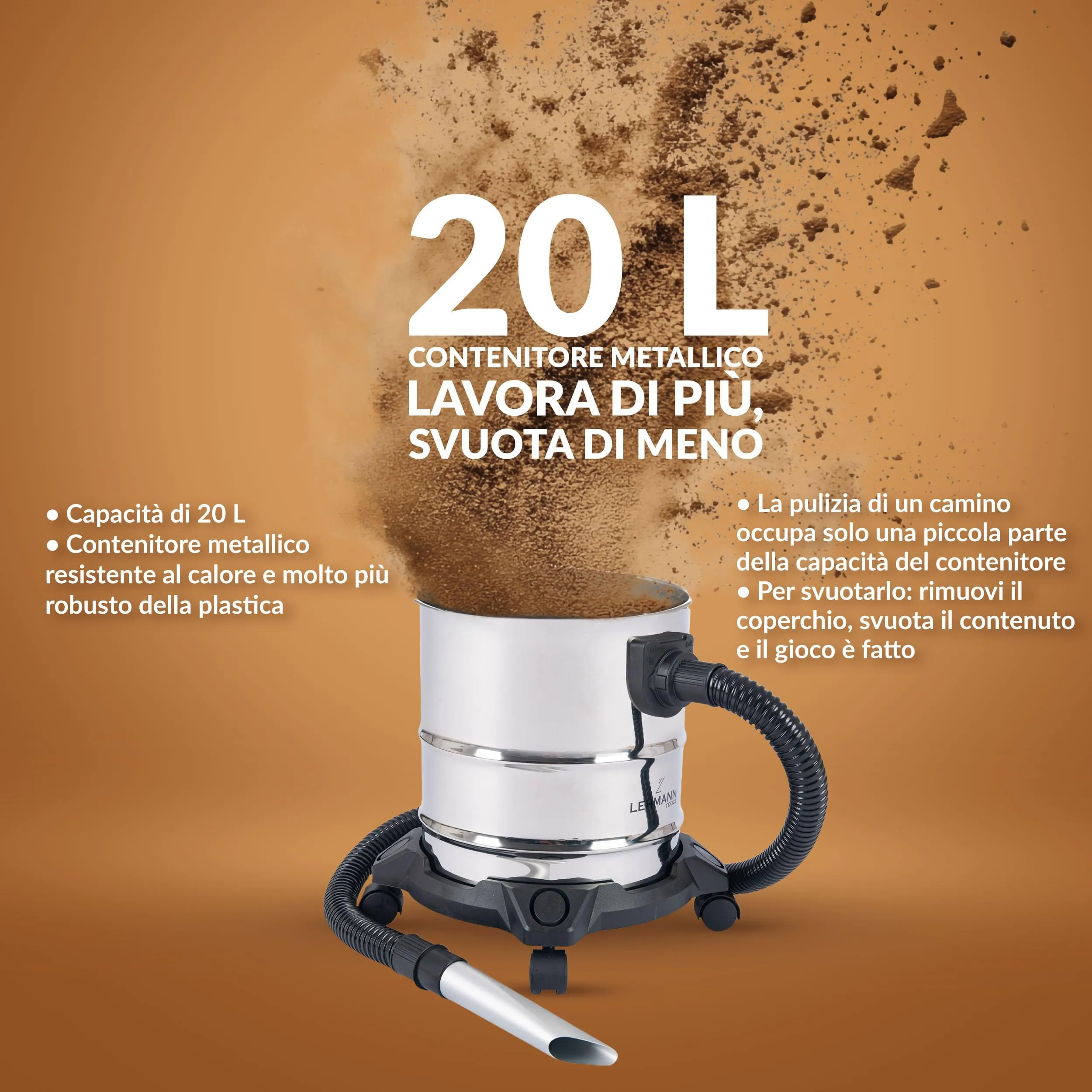 LEHMANN Haddo Aspirapolvere Industriale 2000W Aspiracenere Secco Umido 20 L con Funzione Soffiante, Argento - immagine 9