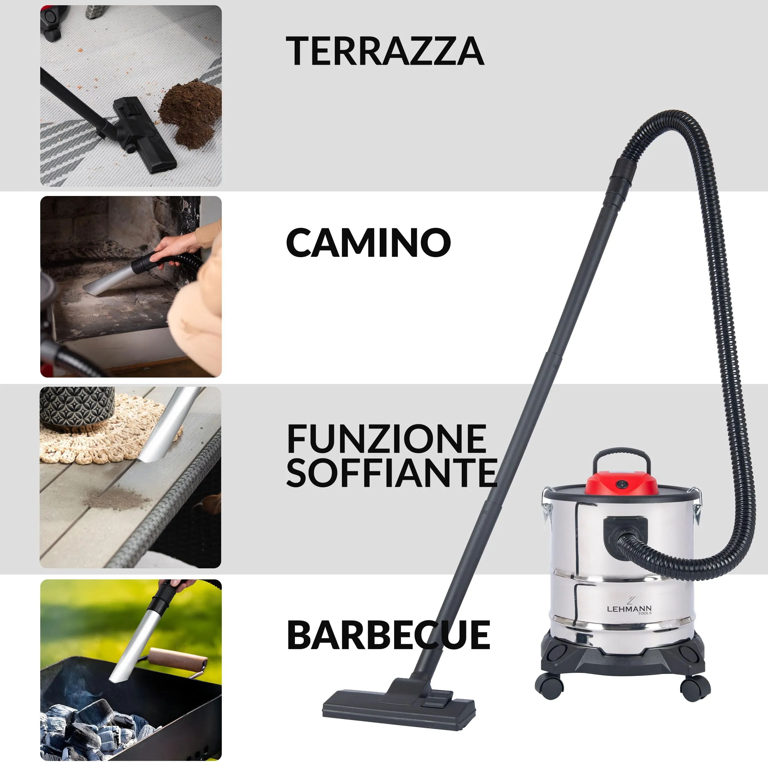 LEHMANN Haddo Aspirapolvere Industriale 2000W Aspiracenere Secco Umido 20 L con Funzione Soffiante, Argento - immagine 11