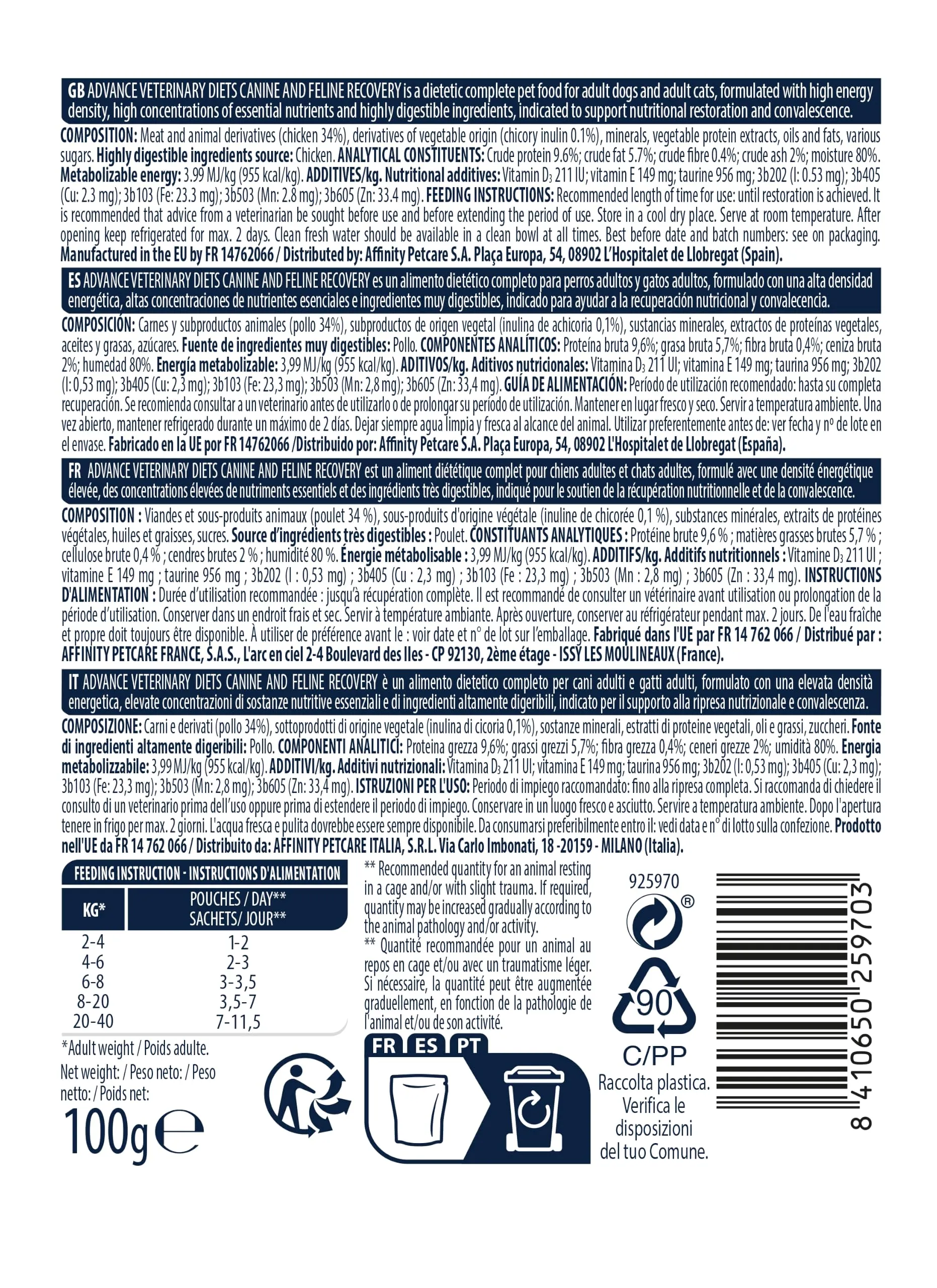 Affinity Advance Veterinary Diets Recovery Cibo Umido per Cani e Gatti, 11 bustine da 100g - immagine 4