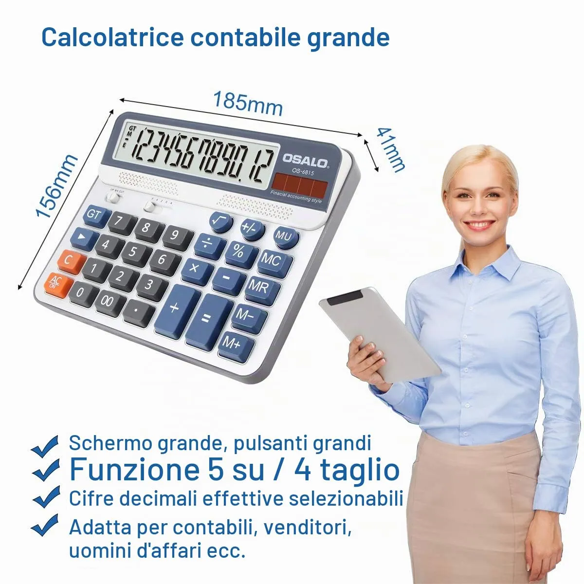 OSALO Calcolatrice da Tavolo 12 Cifre con Display LCD e Alimentazione Solare (OS-6815) - immagine 3
