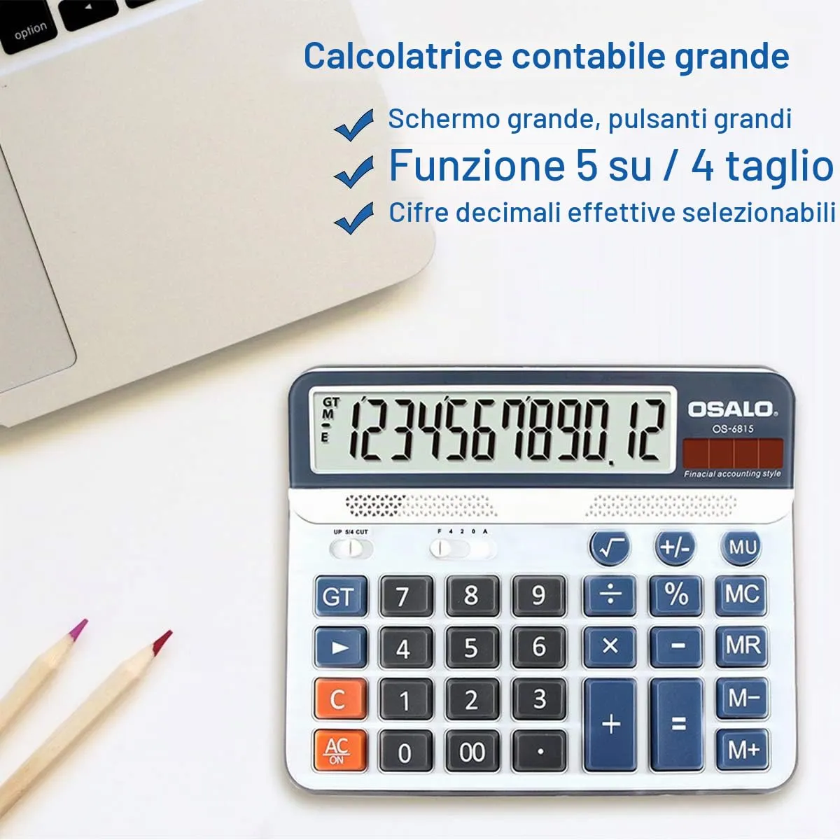 OSALO Calcolatrice da Tavolo 12 Cifre con Display LCD e Alimentazione Solare (OS-6815) - immagine 4