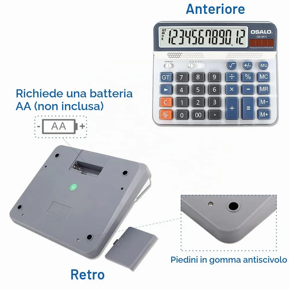 OSALO Calcolatrice da Tavolo 12 Cifre con Display LCD e Alimentazione Solare (OS-6815) - immagine 7