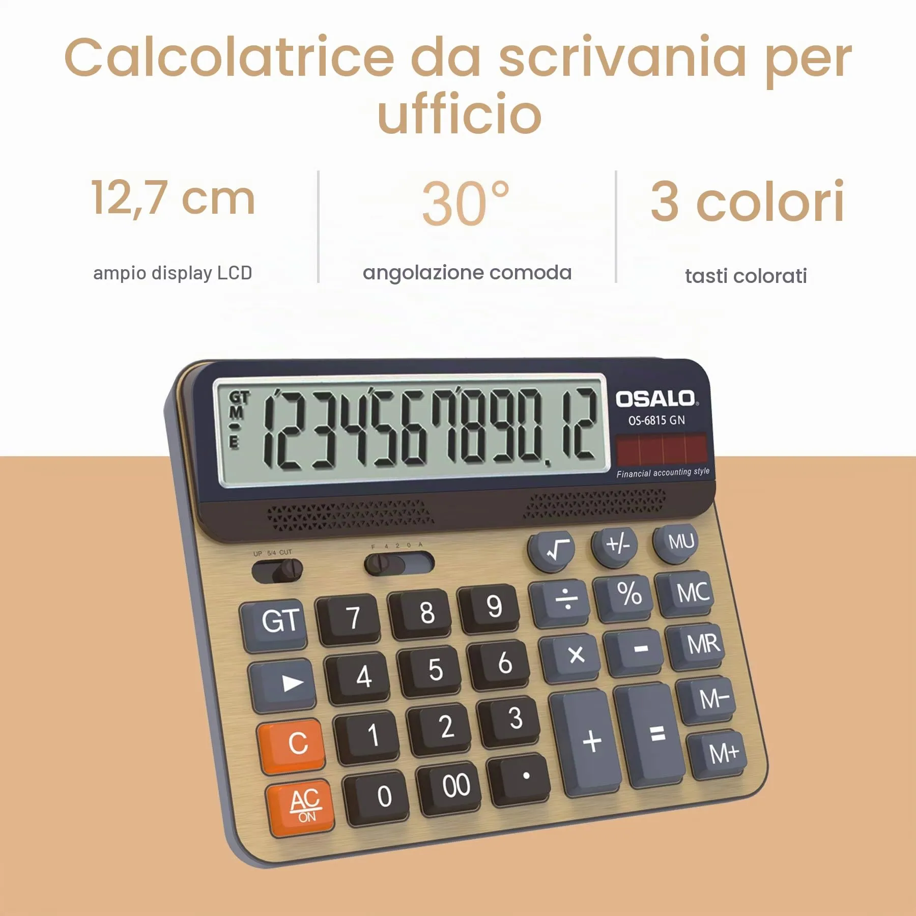 OSALO Calcolatrice da Tavolo LCD 12 Cifre Solare OS-6815GN - immagine 3