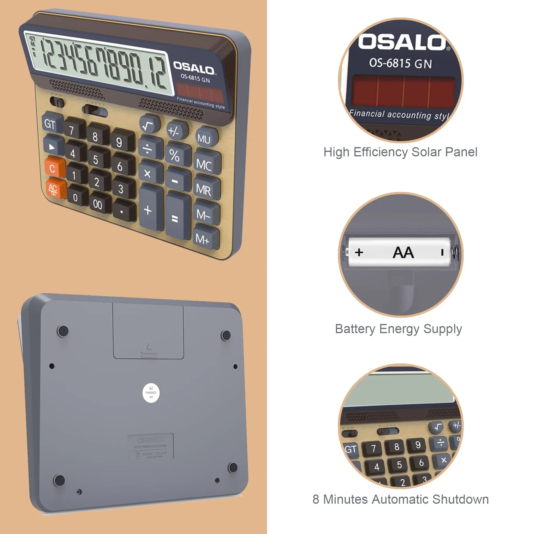 OSALO Calcolatrice da Tavolo LCD 12 Cifre Solare OS-6815GN - immagine 5