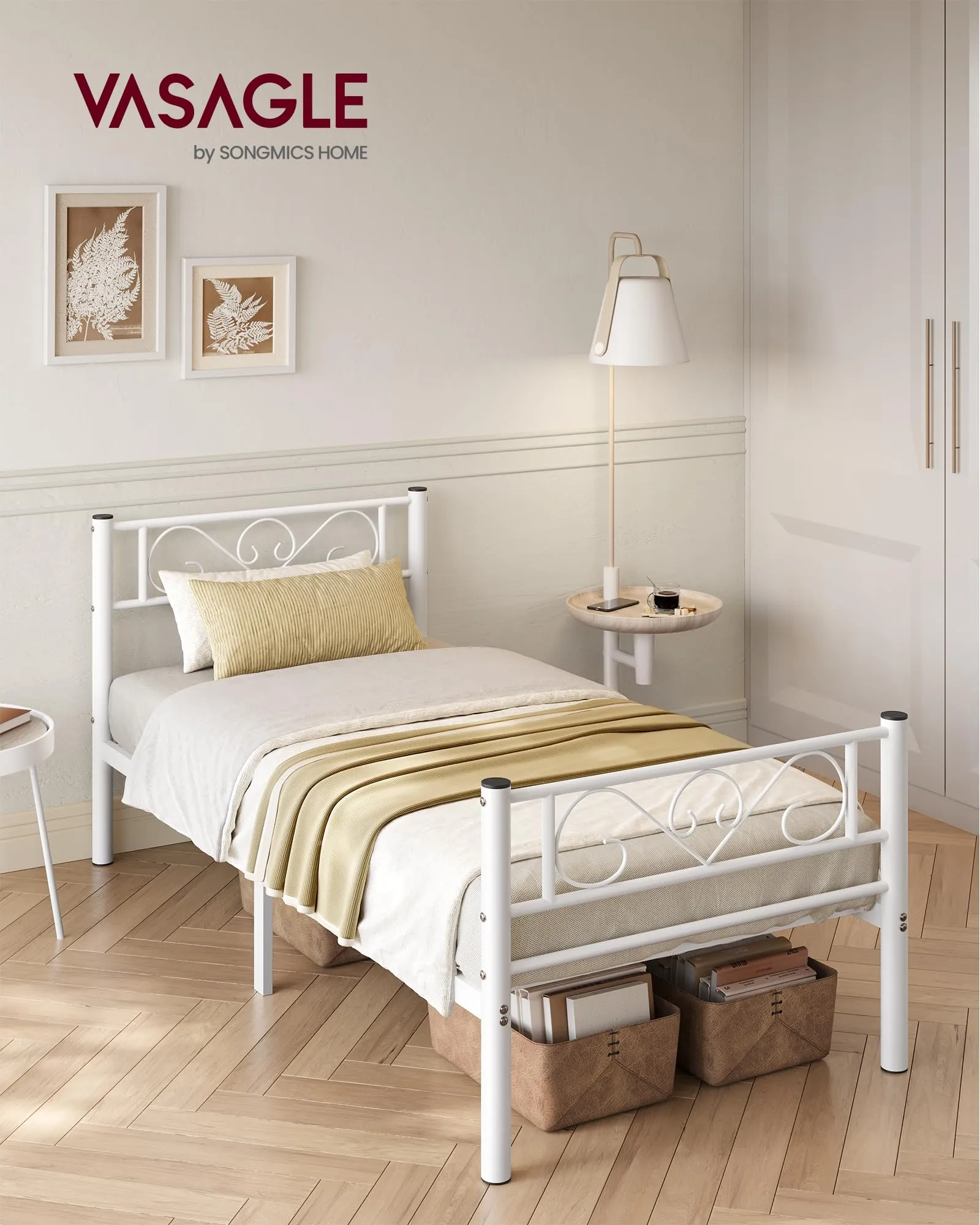 VASAGLE Struttura Letto Singolo in Metallo 90 x 190 cm, Bianco RMB061W01 - immagine 2
