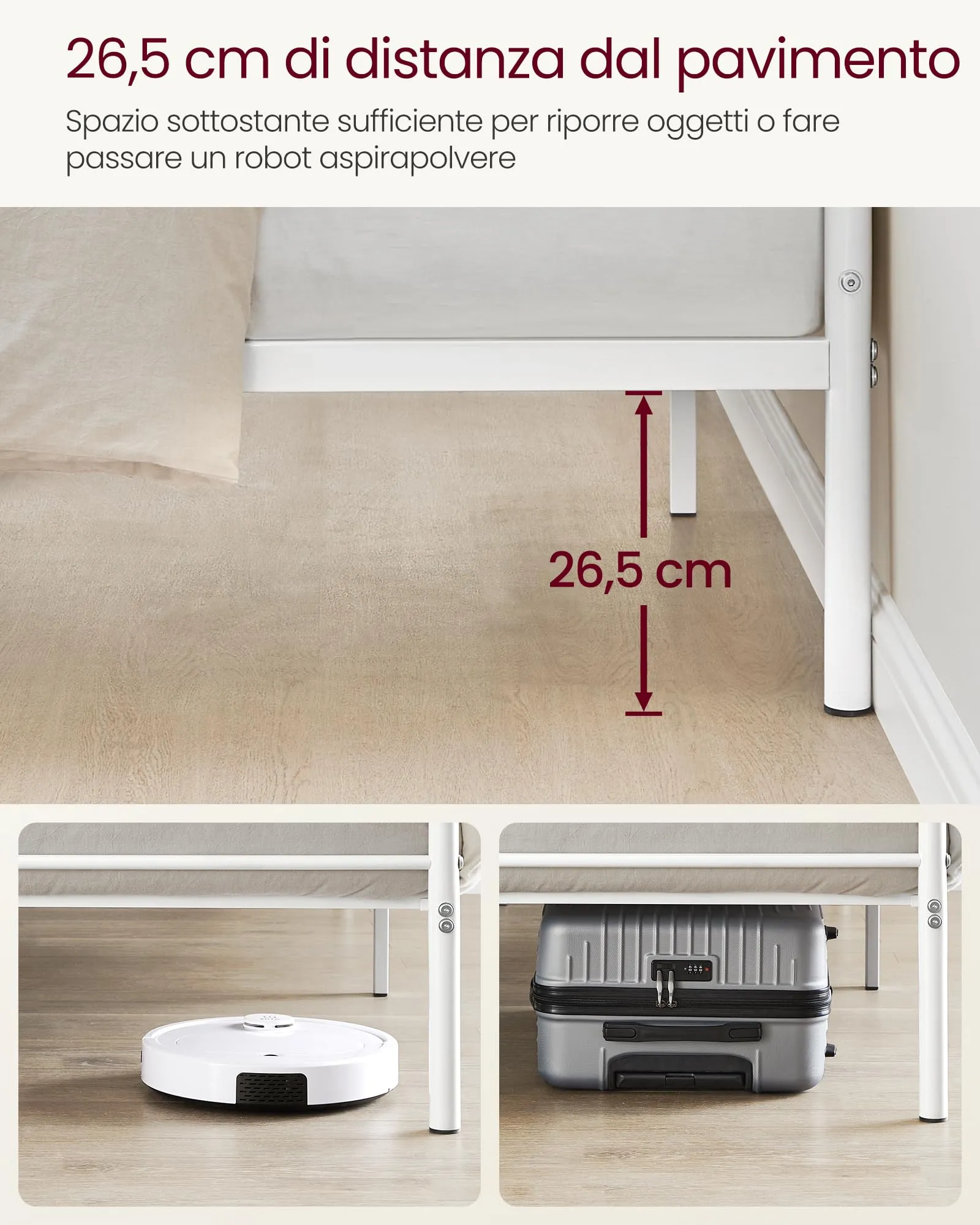 VASAGLE Struttura Letto Singolo in Metallo 90 x 190 cm, Bianco RMB061W01 - immagine 4