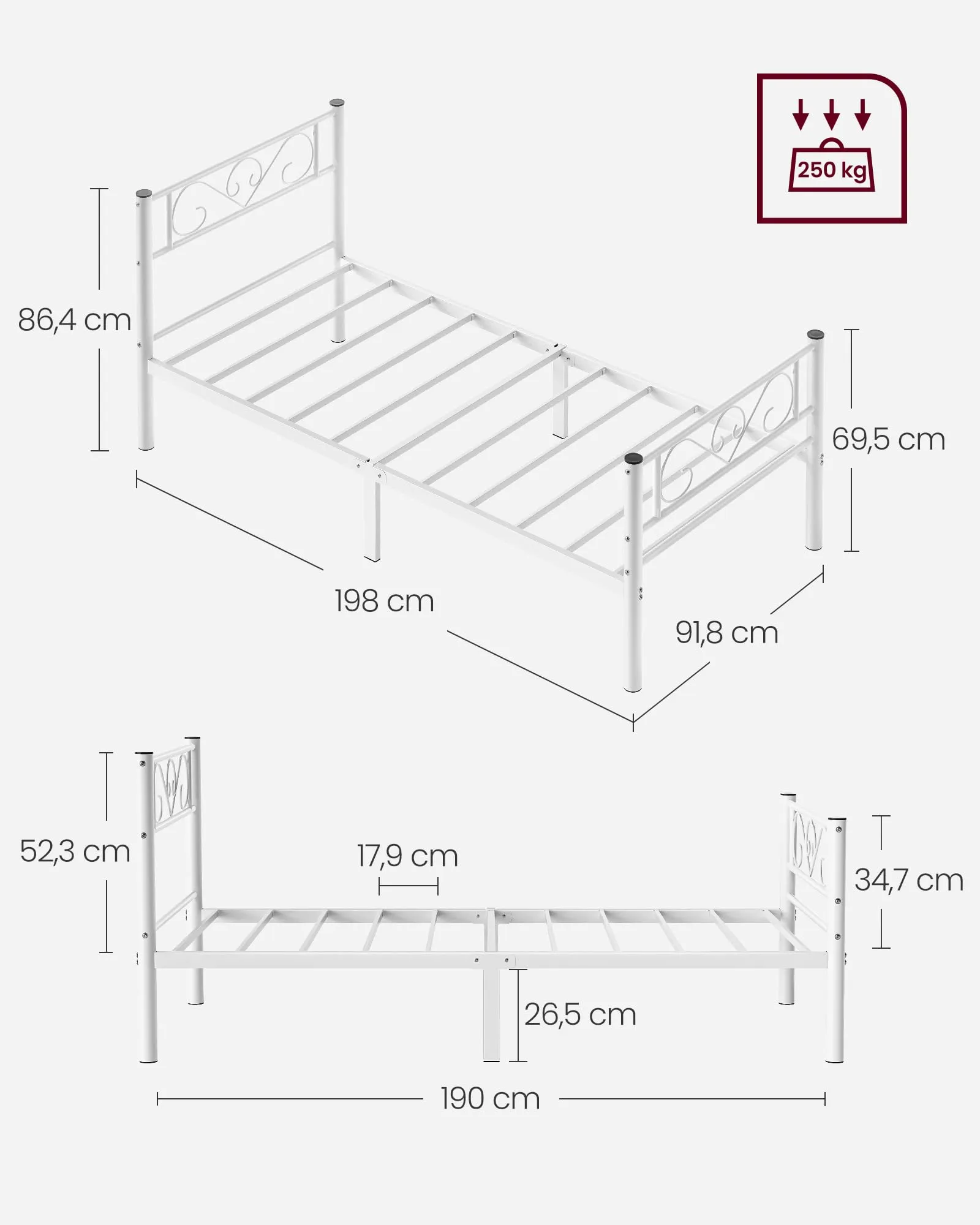 VASAGLE Struttura Letto Singolo in Metallo 90 x 190 cm, Bianco RMB061W01 - immagine 5