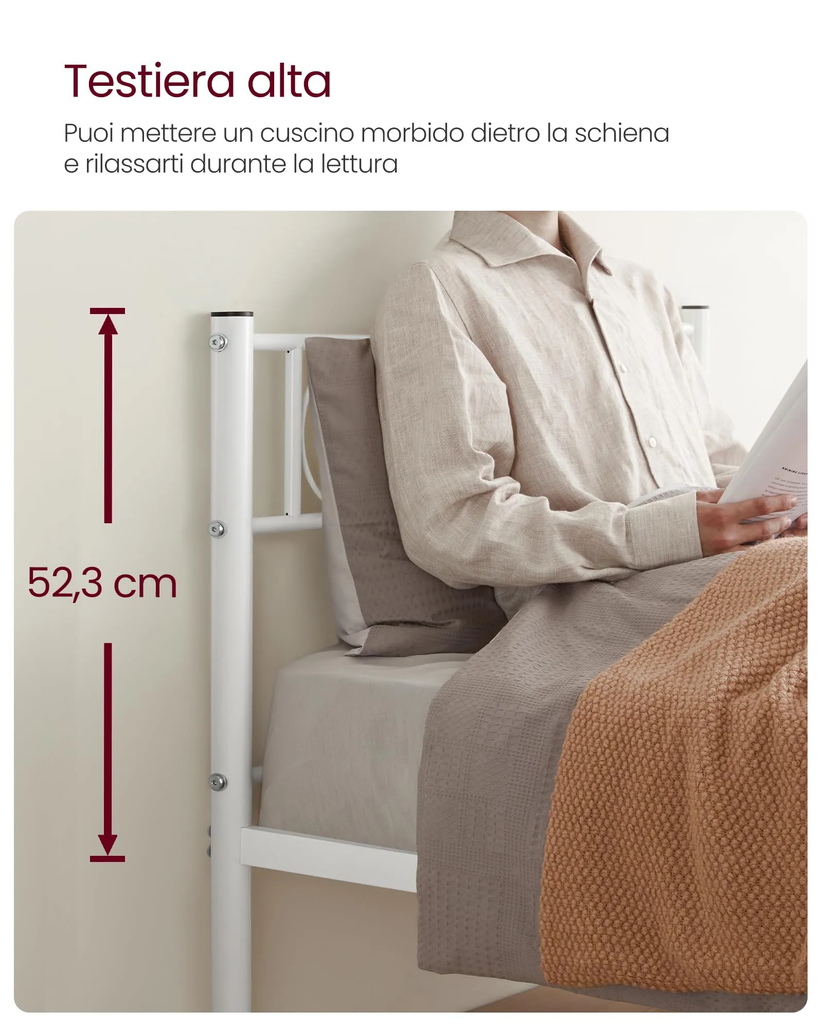 VASAGLE Struttura Letto Singolo in Metallo 90 x 190 cm, Bianco RMB061W01 - immagine 6