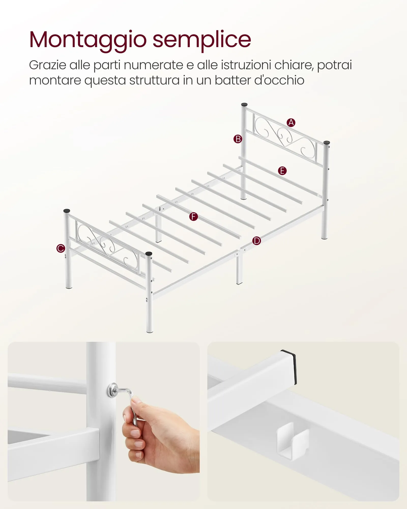 VASAGLE Struttura Letto Singolo in Metallo 90 x 190 cm, Bianco RMB061W01 - immagine 8
