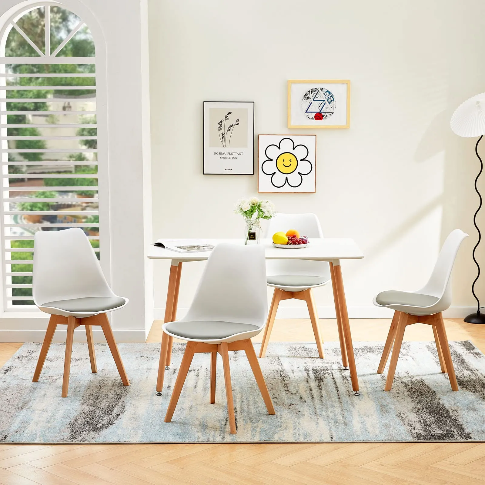 EGGREE Set di 4 Sedie da Pranzo in Pelle PU e Legno di Faggio, Bianco e Grigio - immagine 3