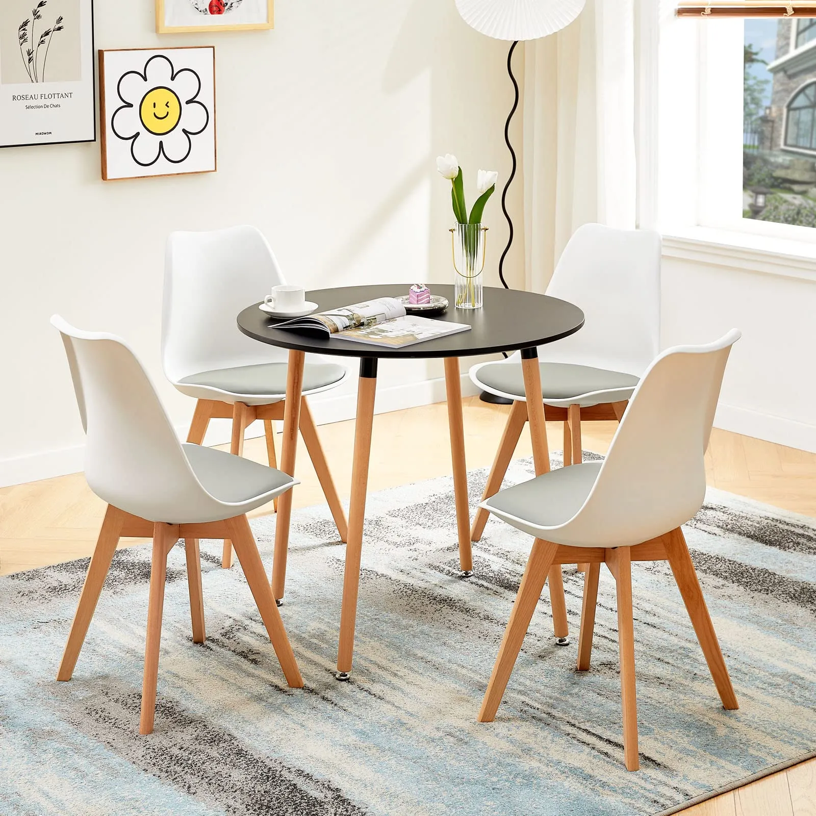 EGGREE Set di 4 Sedie da Pranzo in Pelle PU e Legno di Faggio, Bianco e Grigio - immagine 4