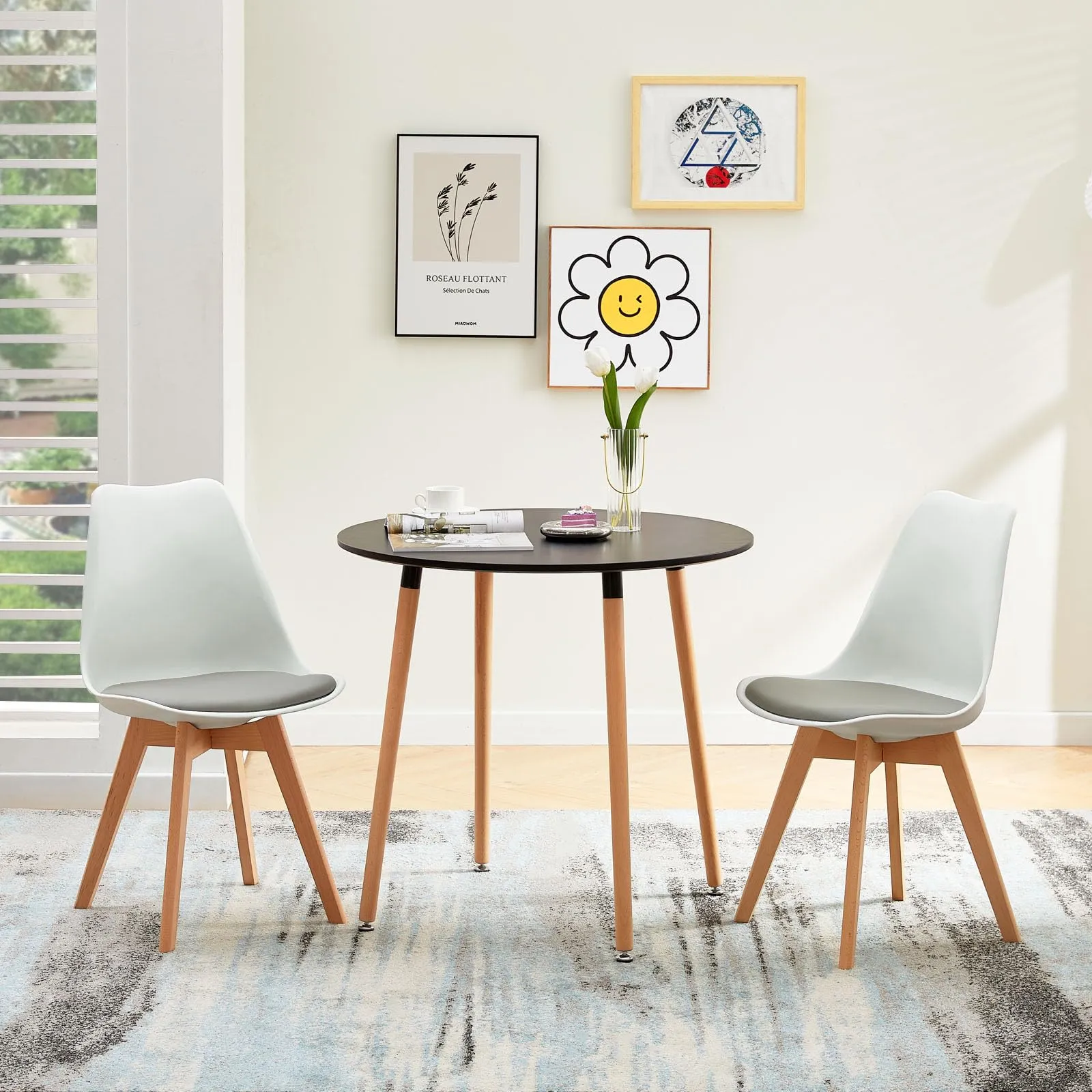 EGGREE Set di 4 Sedie da Pranzo in Pelle PU e Legno di Faggio, Bianco e Grigio - immagine 7
