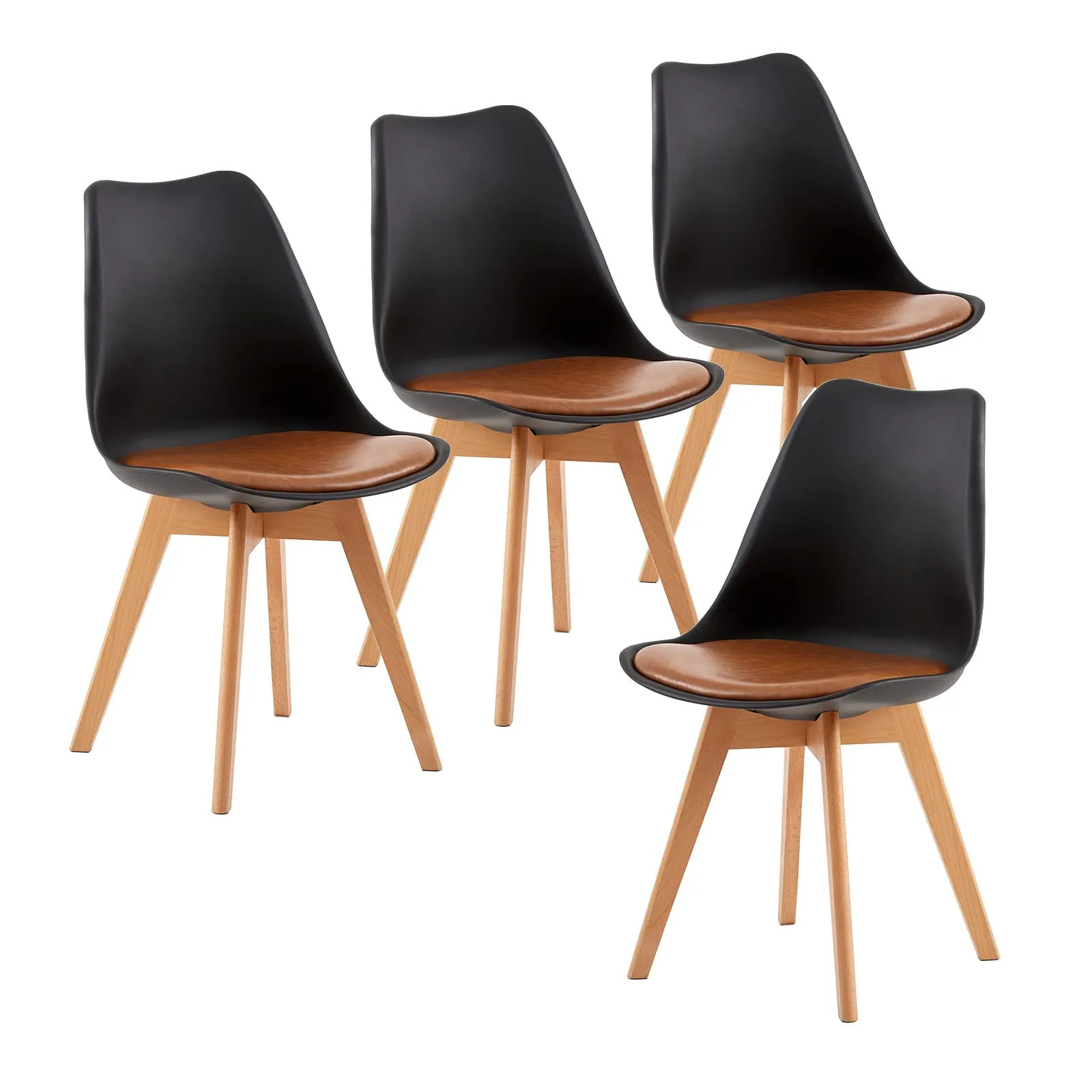 EGGREE Set di 4 Sedie da Pranzo in Pelle PU e Legno di Faggio, Nero - Marrone - immagine 1
