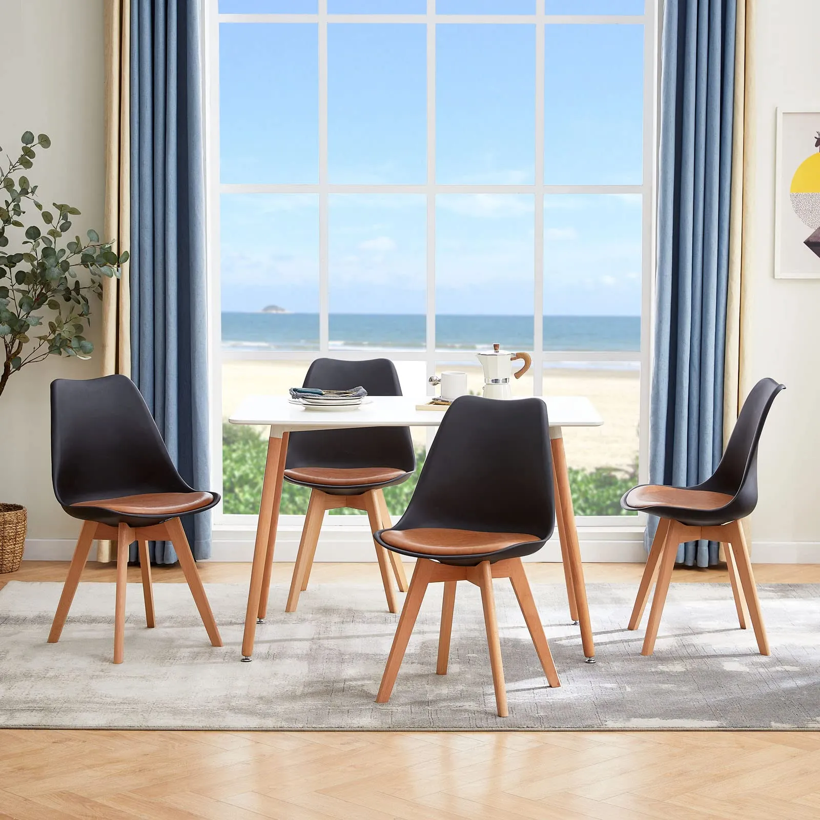 EGGREE Set di 4 Sedie da Pranzo in Pelle PU e Legno di Faggio, Nero - Marrone - immagine 3