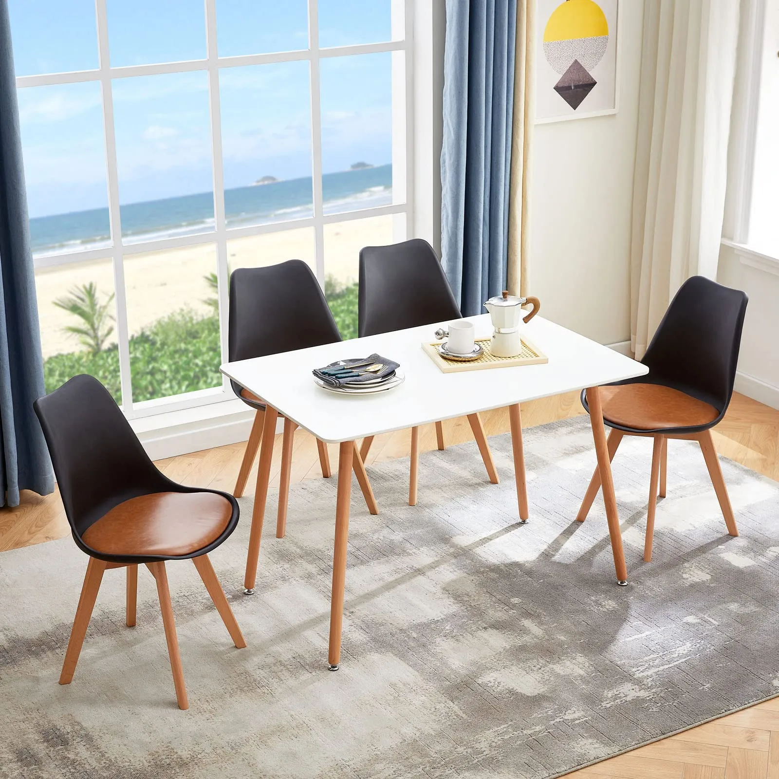 EGGREE Set di 4 Sedie da Pranzo in Pelle PU e Legno di Faggio, Nero - Marrone - immagine 4