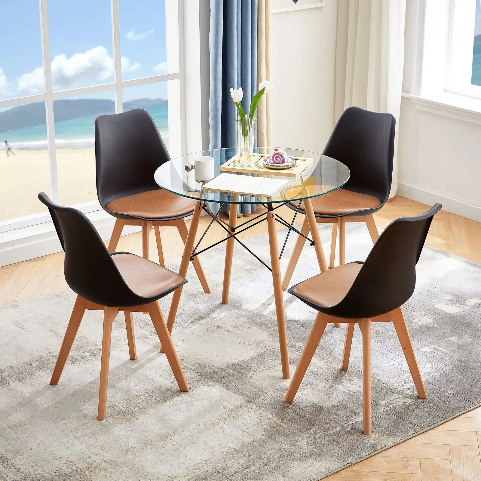 EGGREE Set di 4 Sedie da Pranzo in Pelle PU e Legno di Faggio, Nero - Marrone - immagine 5