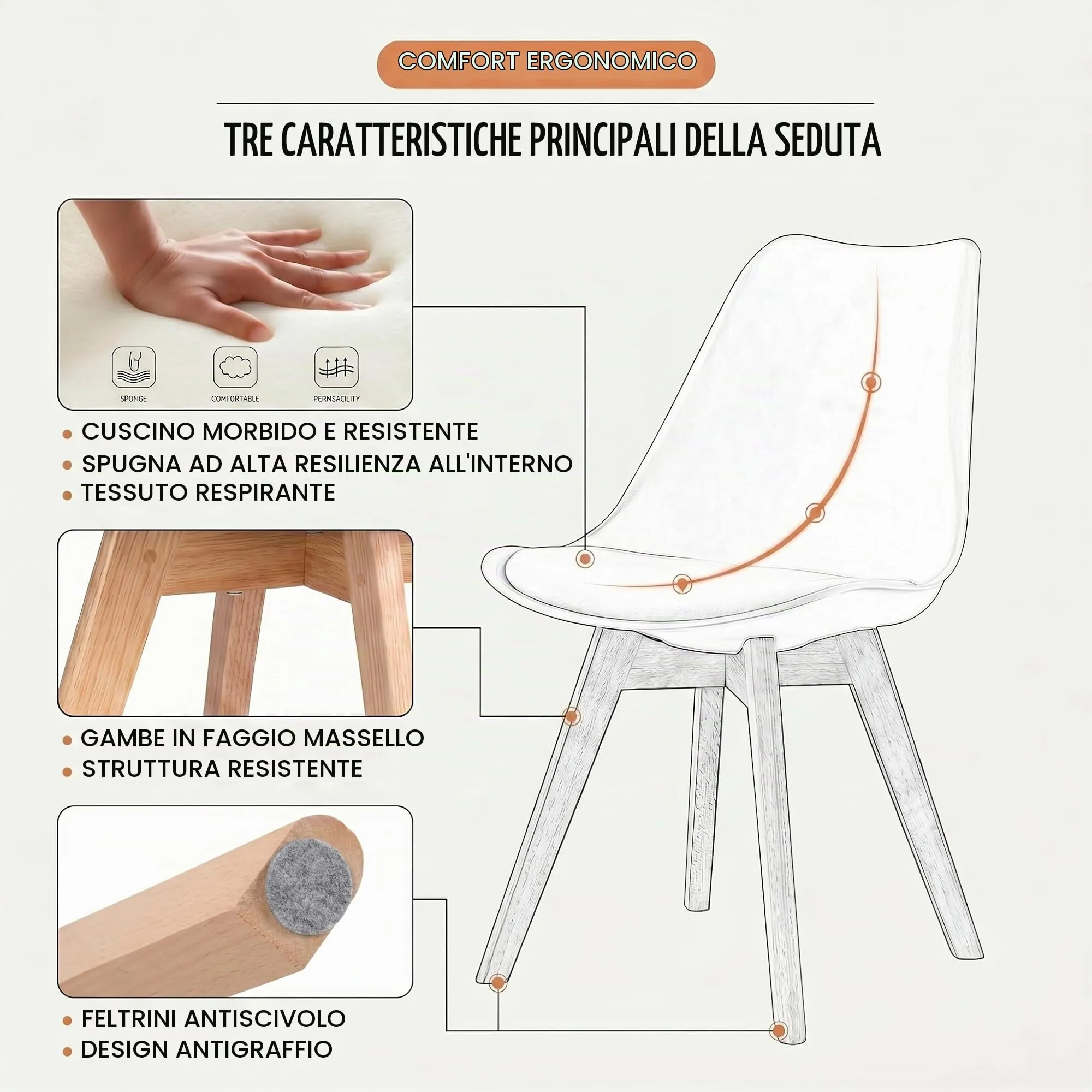 EGGREE Set di 4 Sedie da Pranzo in Pelle PU e Legno di Faggio, Nero - Marrone - immagine 6