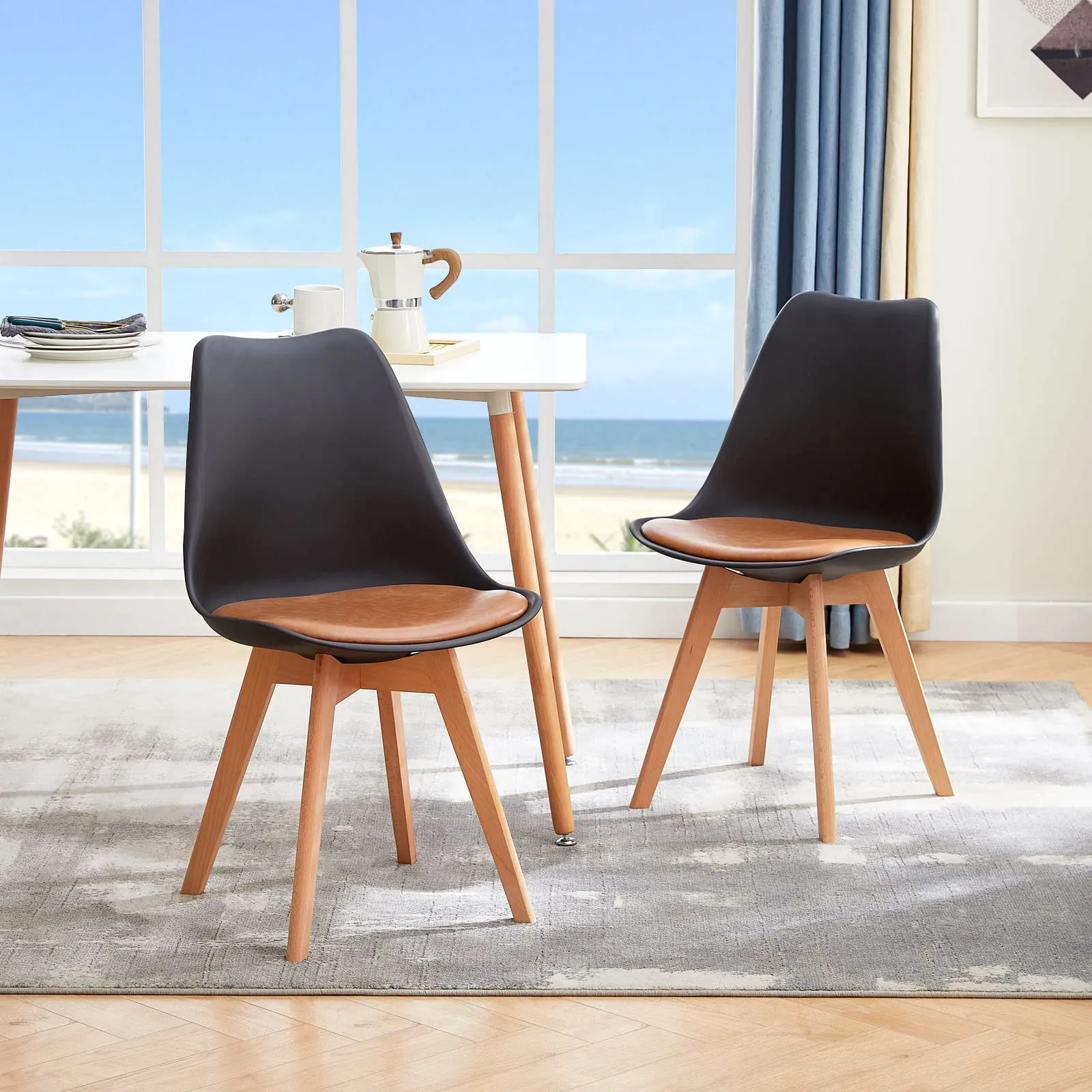 EGGREE Set di 4 Sedie da Pranzo in Pelle PU e Legno di Faggio, Nero - Marrone - immagine 7