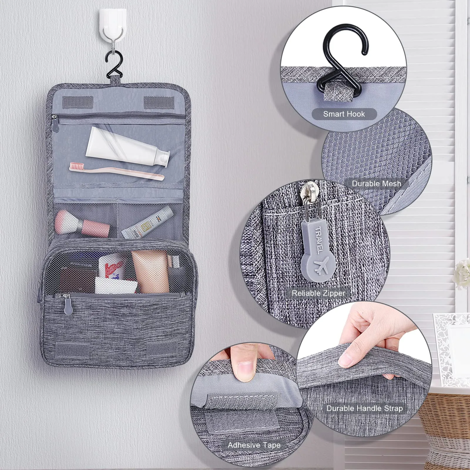 AiQInu Beauty Case da Viaggio, Borsa da Toilette Impermeabile con Gancio per Appendere - immagine 4